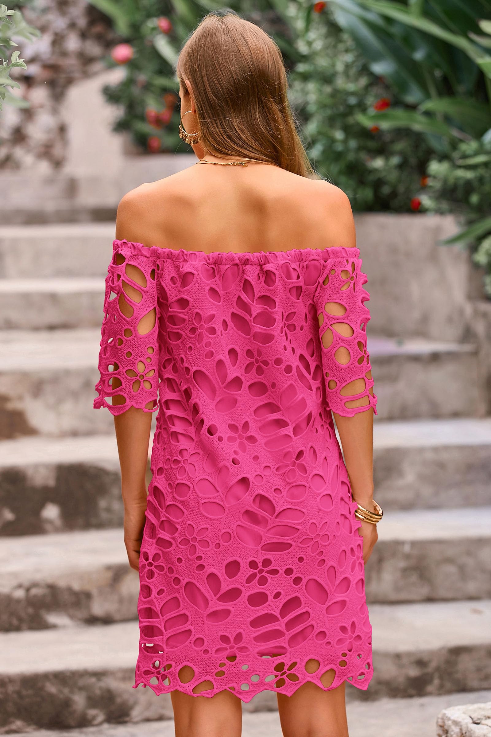 Women's Boho Off the Shoulder Lace Mini Dress, Rose Red,S