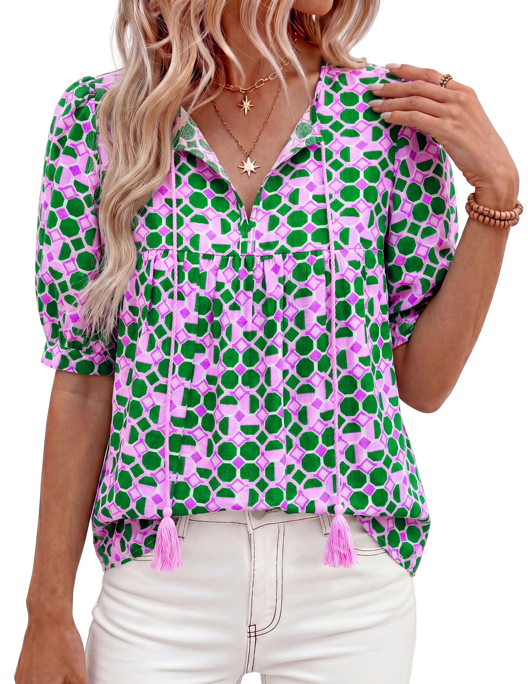 Womens Summer Boho Blouses Dressy Casual Floral Green,S