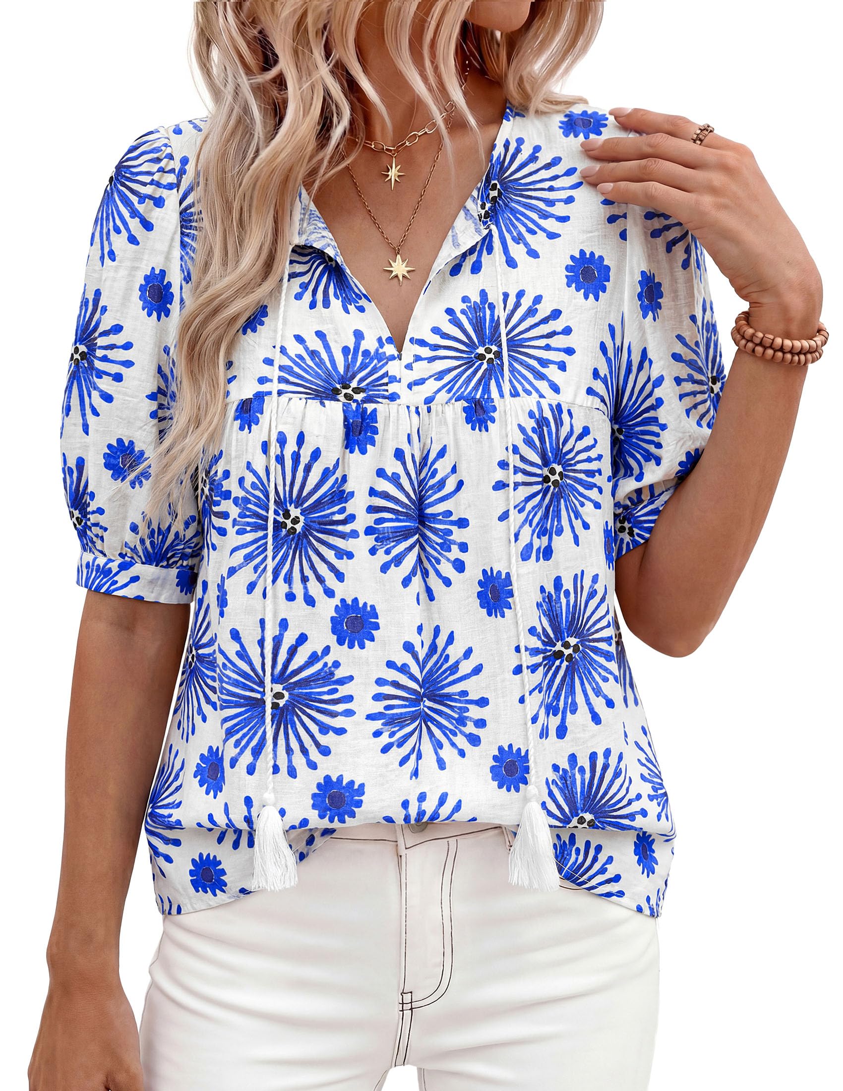 Womens Summer Boho Blouses Dressy Casual Floral White Blue,S