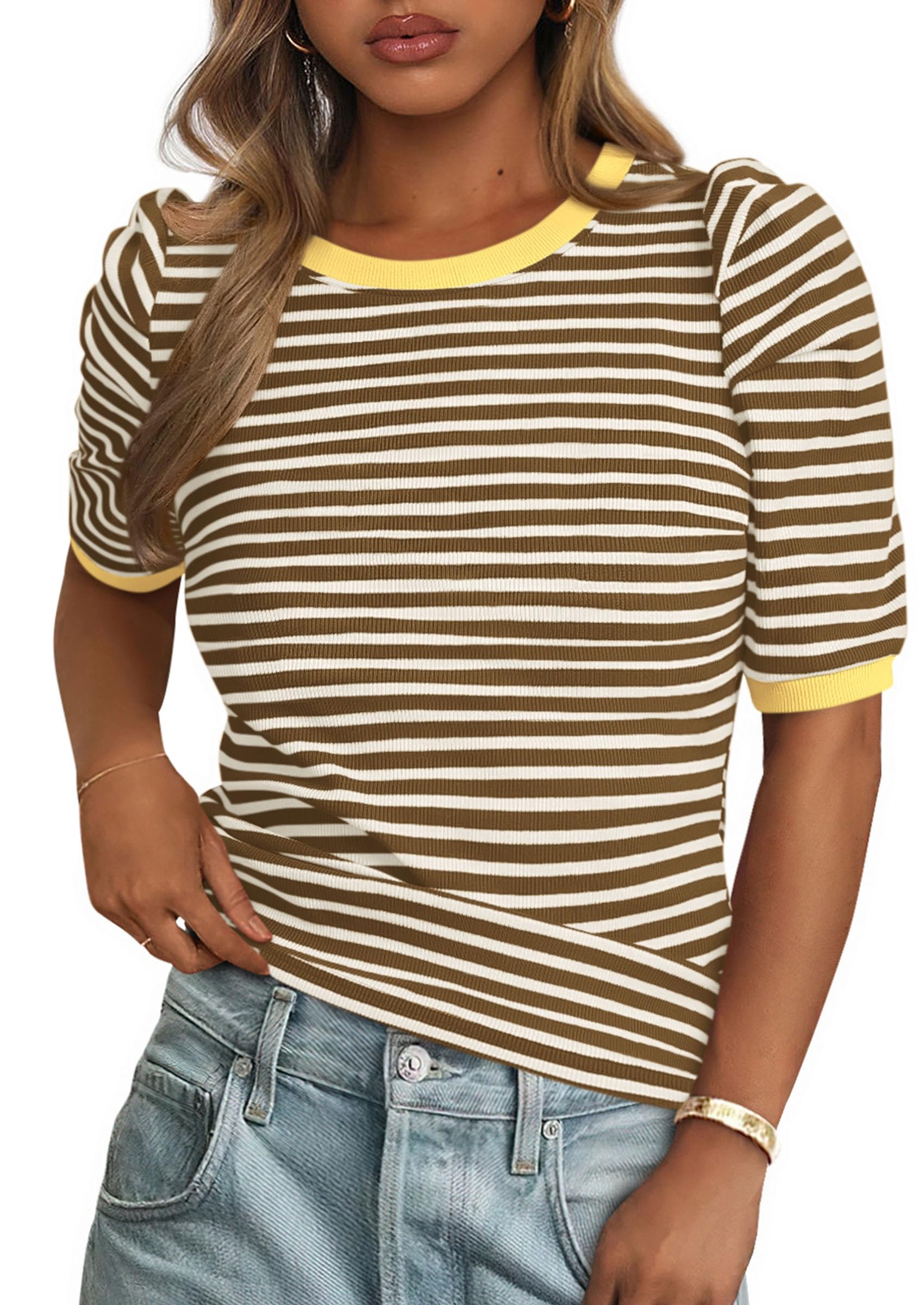 Ribbed Puff Short Sleeve Tops for Women Striped Shirt Khaki,XS