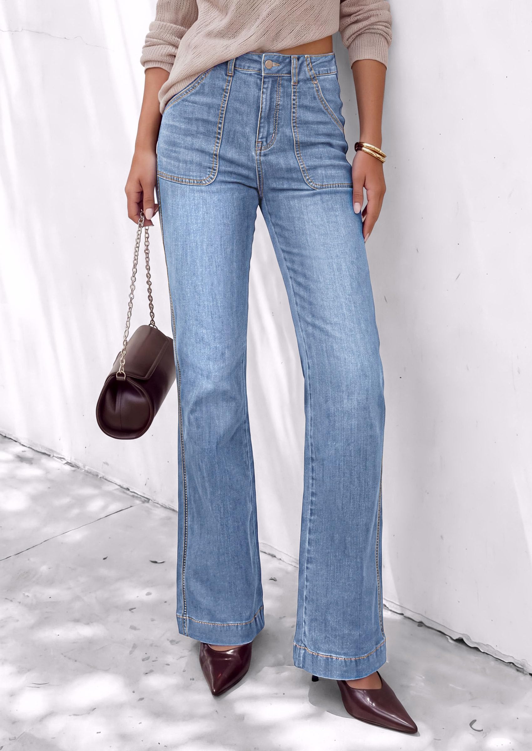 Womens High Waisted Wide Leg Jeans Demin Pants Light Blue
