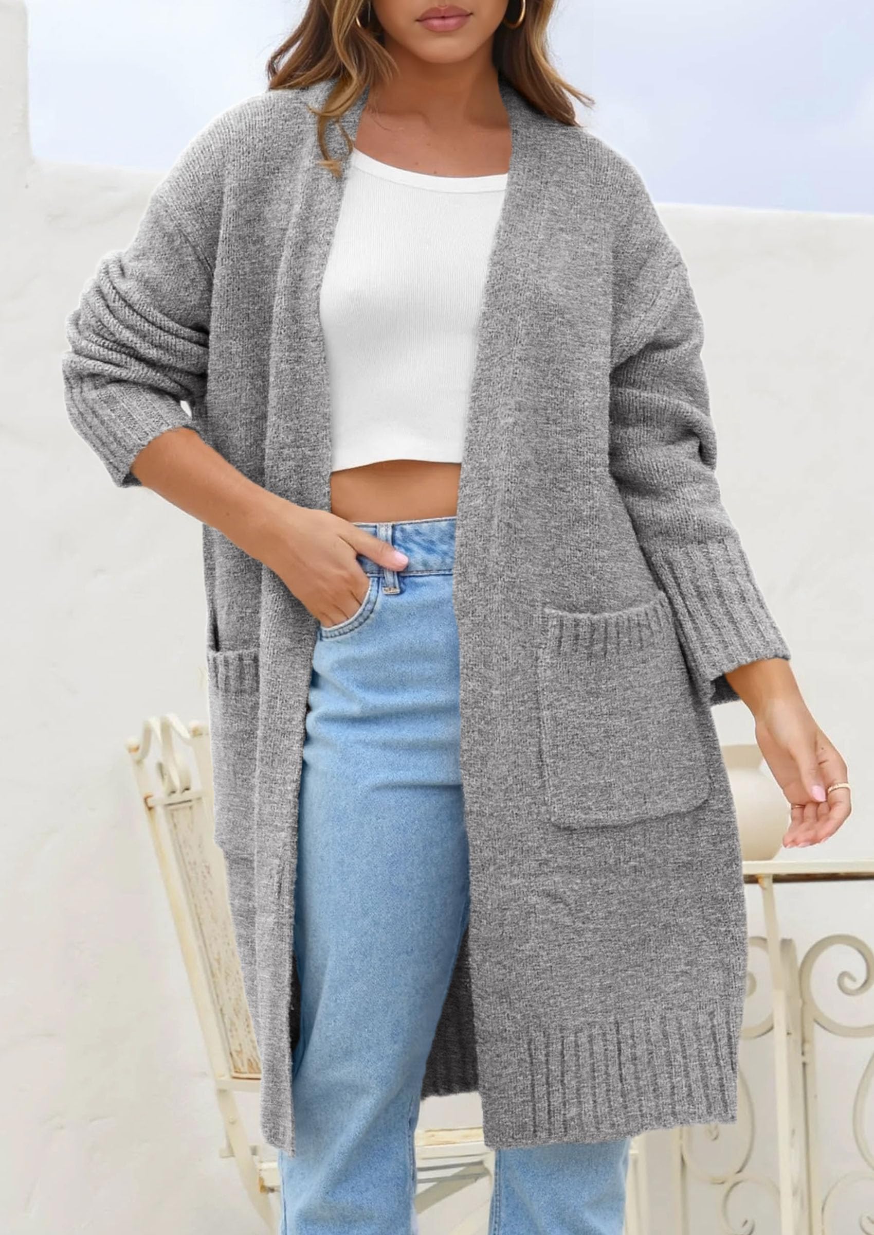 Open Front Cardigan Sweaters for Women,Light Grey,S