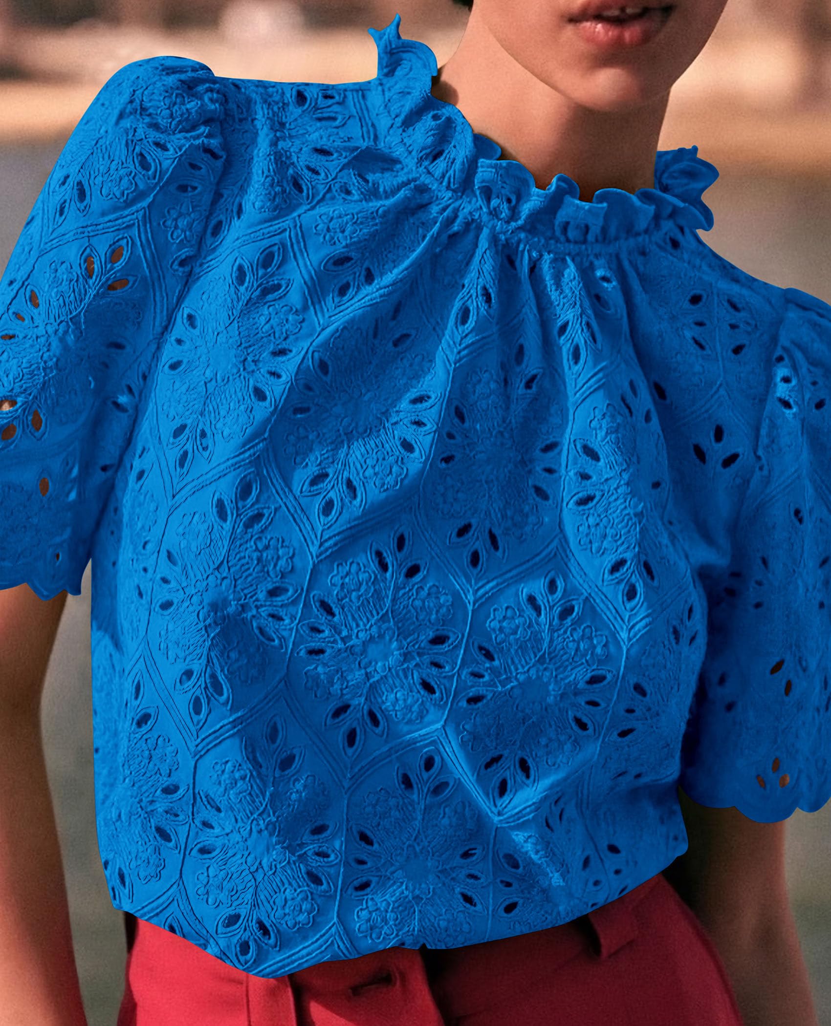 Women Summer Tops Eyelet Embroidered Shirts,Brilliant Blue,XS