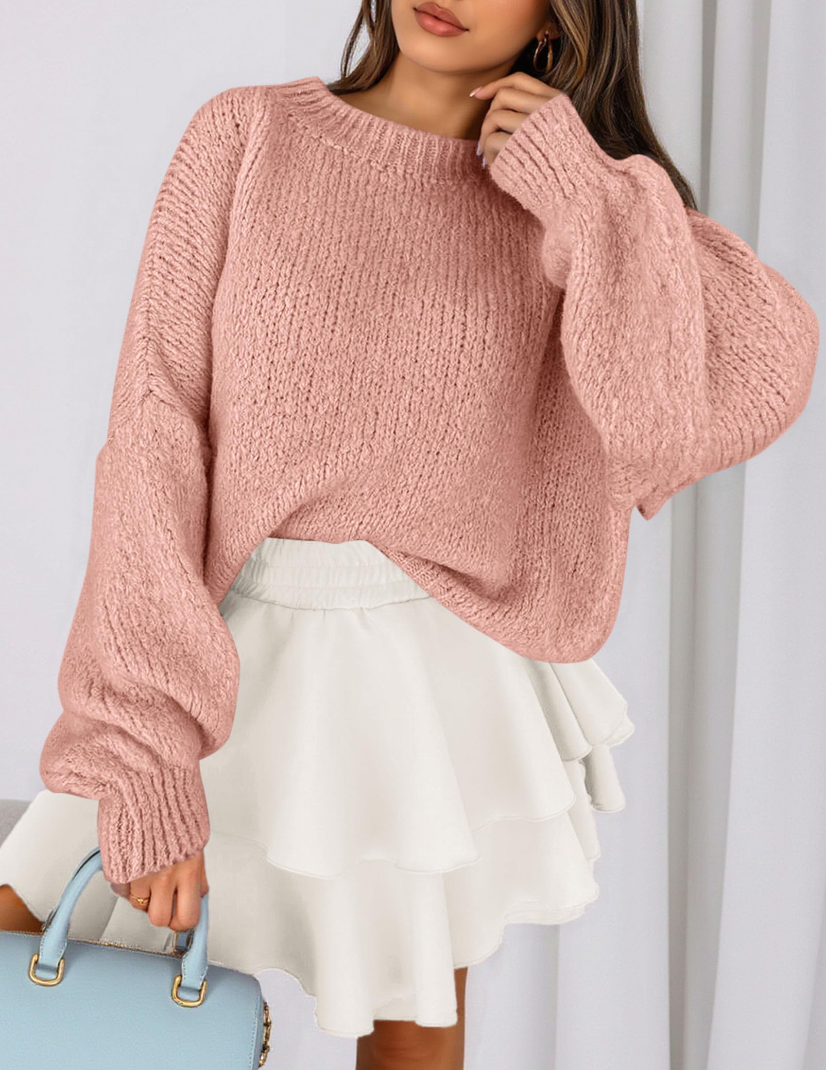 Women's Chunky Knit Oversized Pullover Sweaters,Light Pink,S
