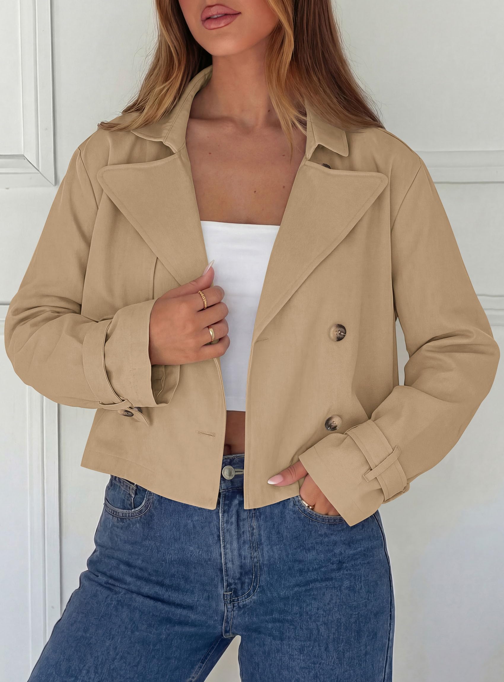 Cropped Trench Coat For Women Short Jacket,Khaki,S