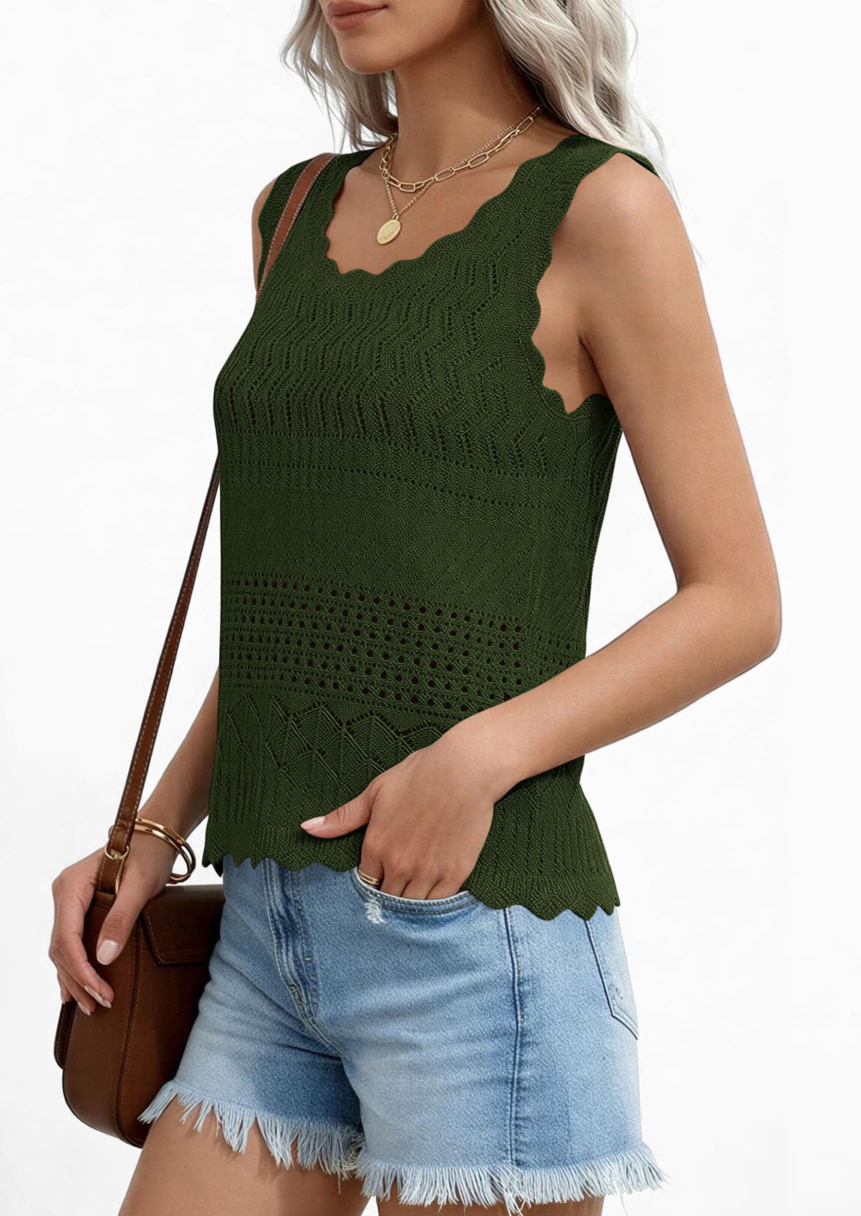 Womens Crochet Tank Tops Knit Sleeveless Vest,Army Green,S