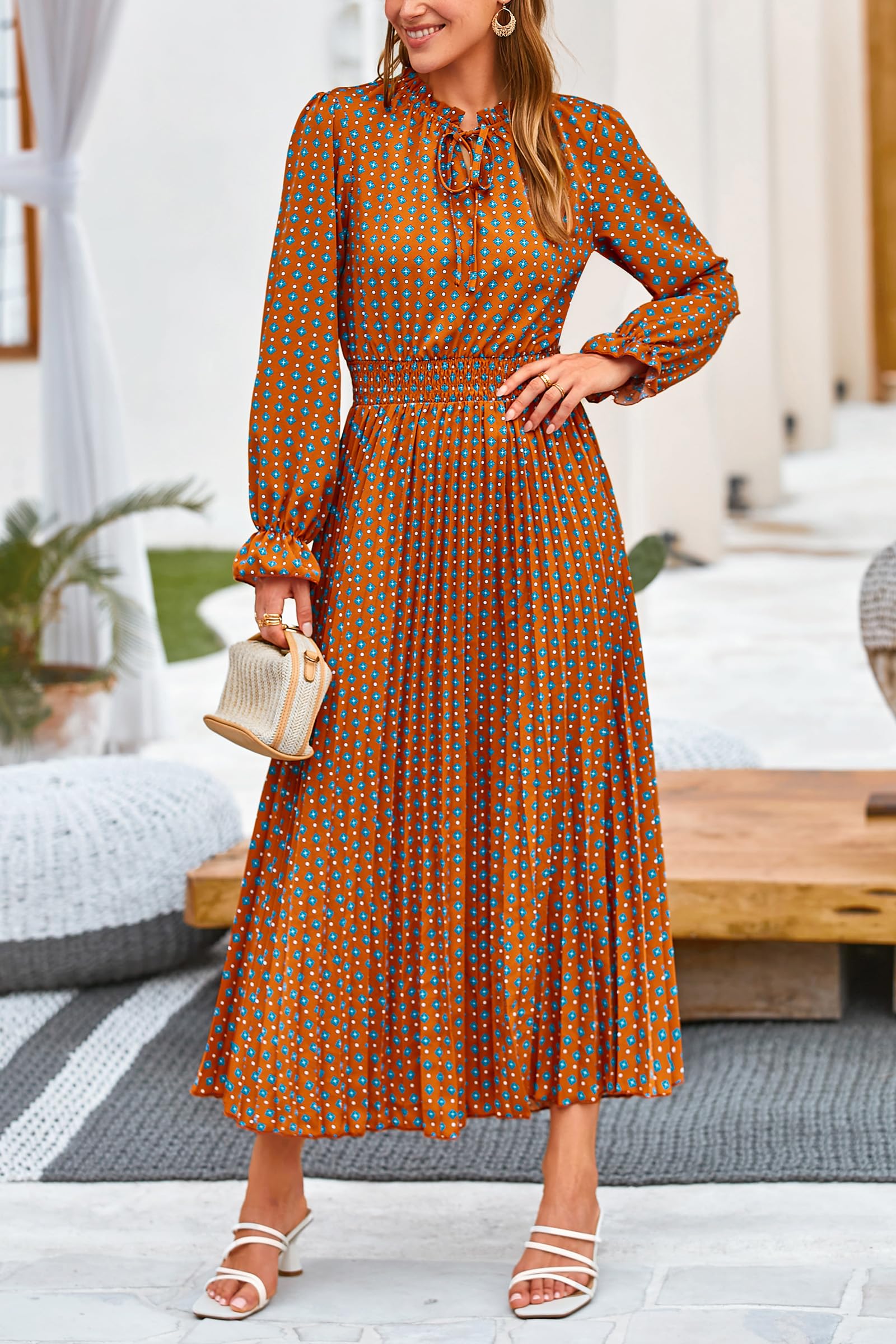 Women's Fall Midi Wedding Guest Dress(Brown Blue Floral,S)