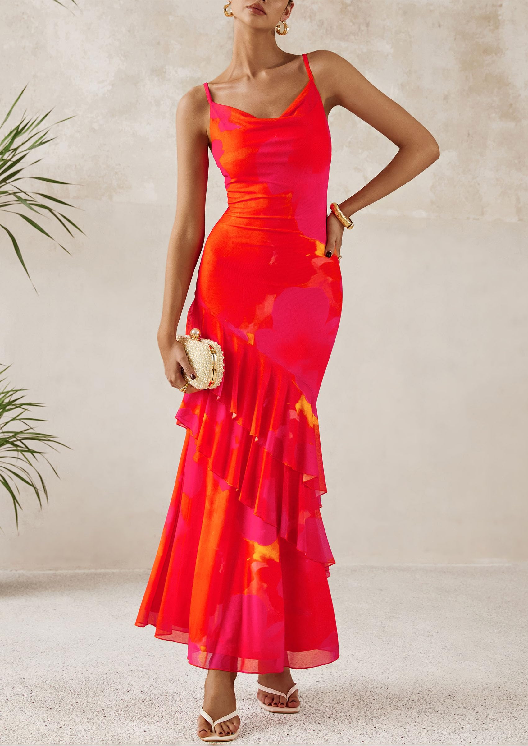 Women's Boho Floral Tiered Maxi Dress,Orange Red Big Floral,XS