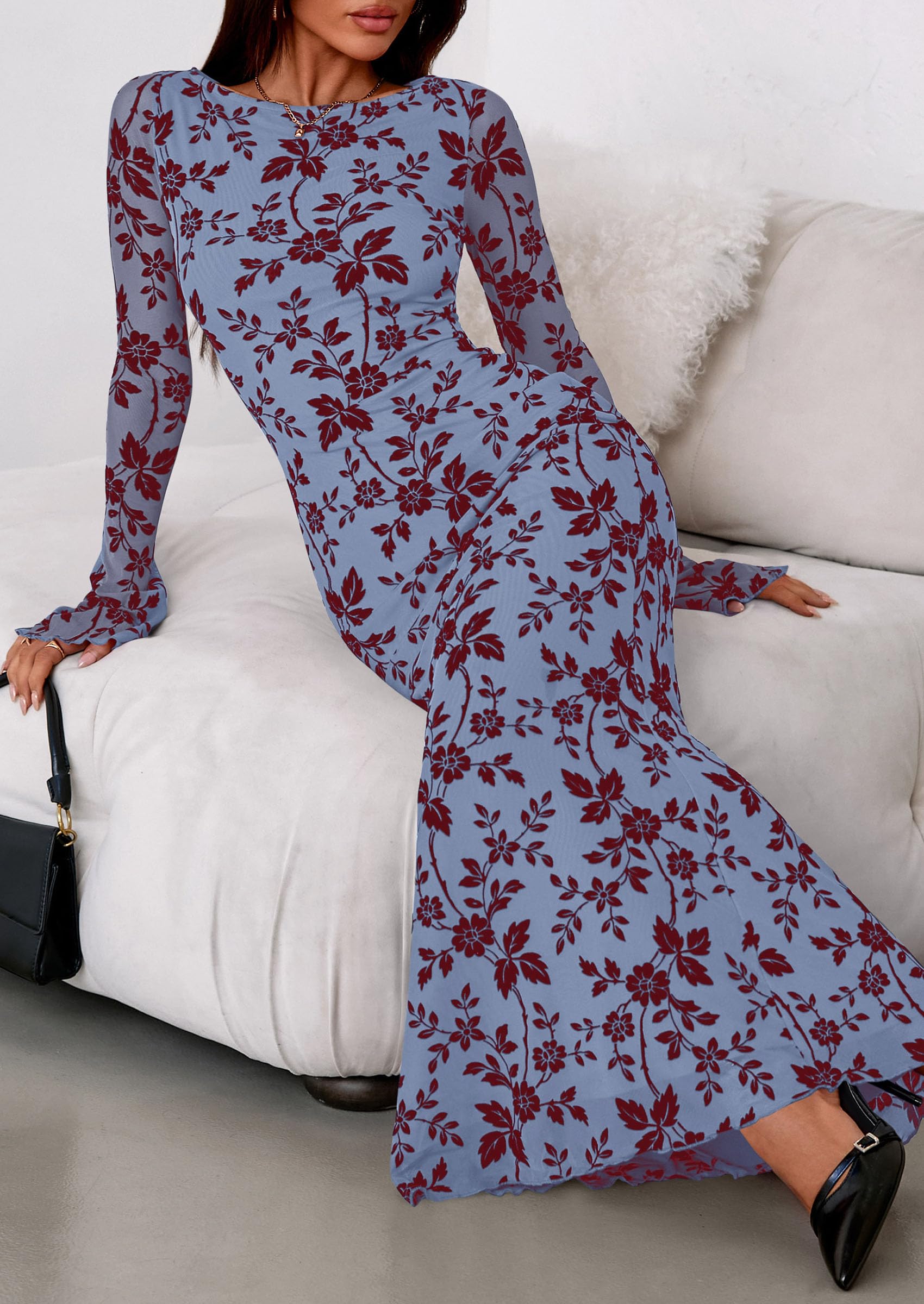 Women's Floral Bodycon Maxi Dress Wedding Guest Dresses