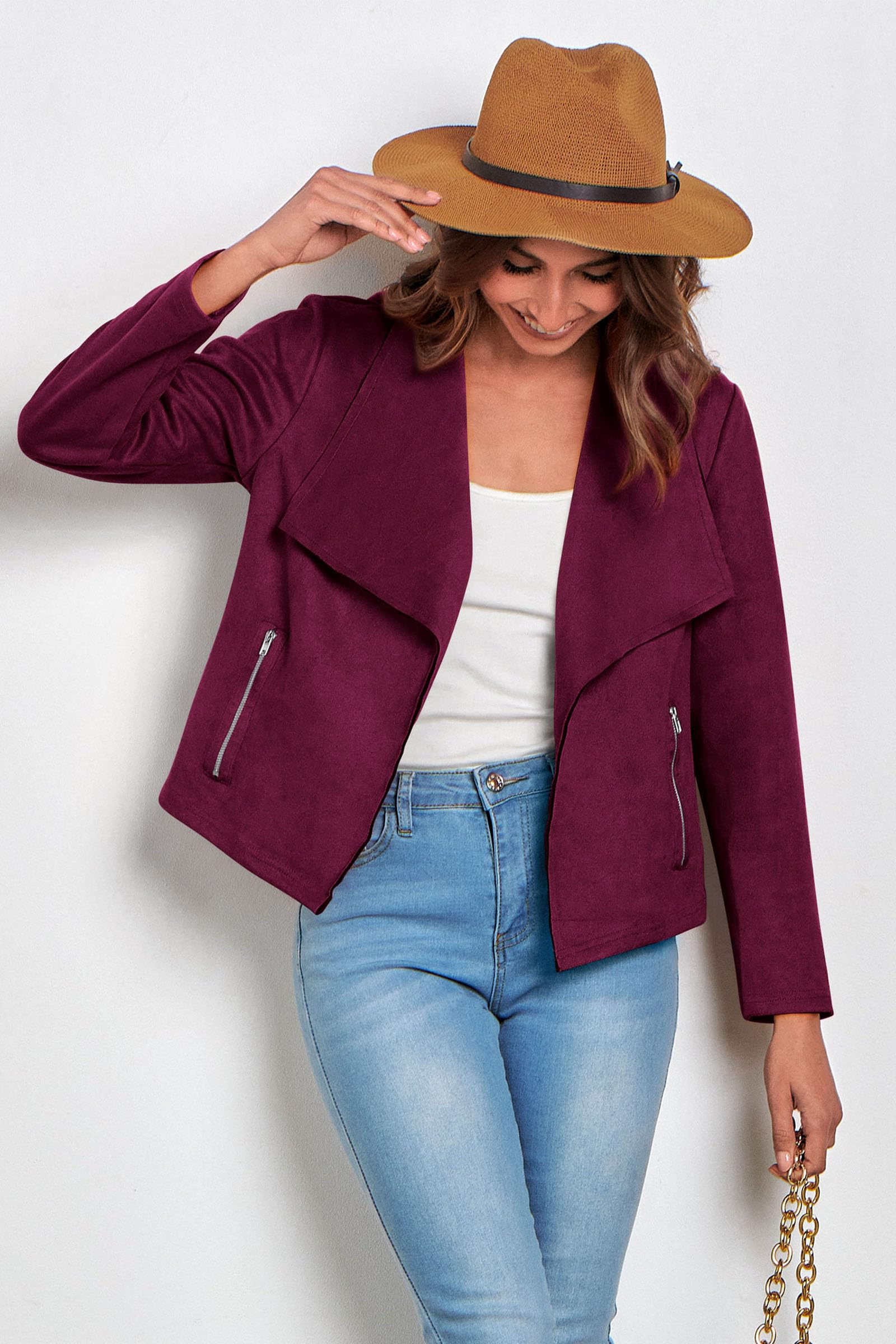 Women's Fall Fashion Faux Suede Jackets(Purple Red,Small)