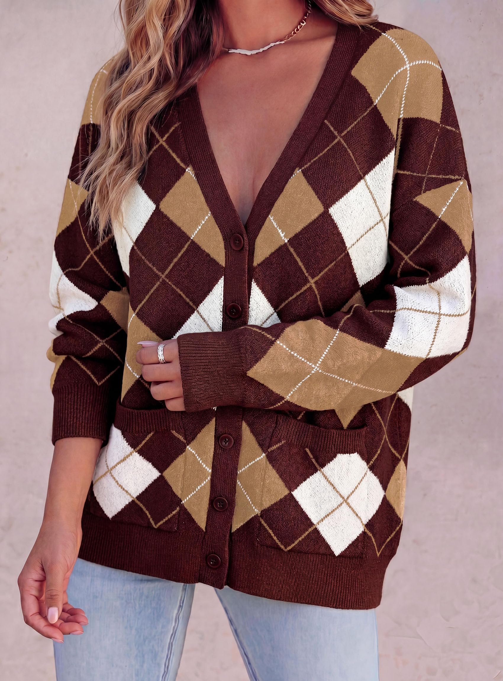 Women's Cardigan Argyle Winter Sweaters (Plaid Wine Red,S)