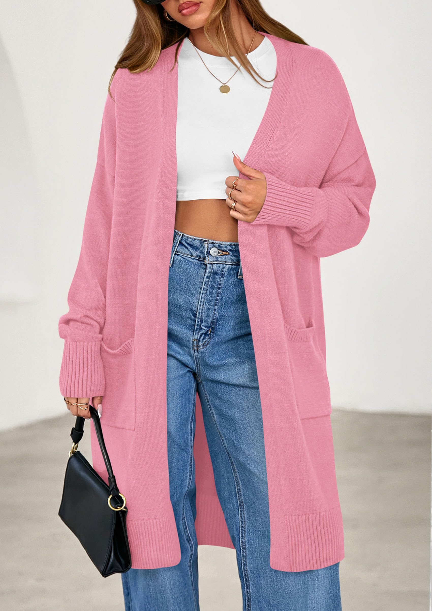 Women's Oversized Open Front Long Knit Cardigan,Pink,M