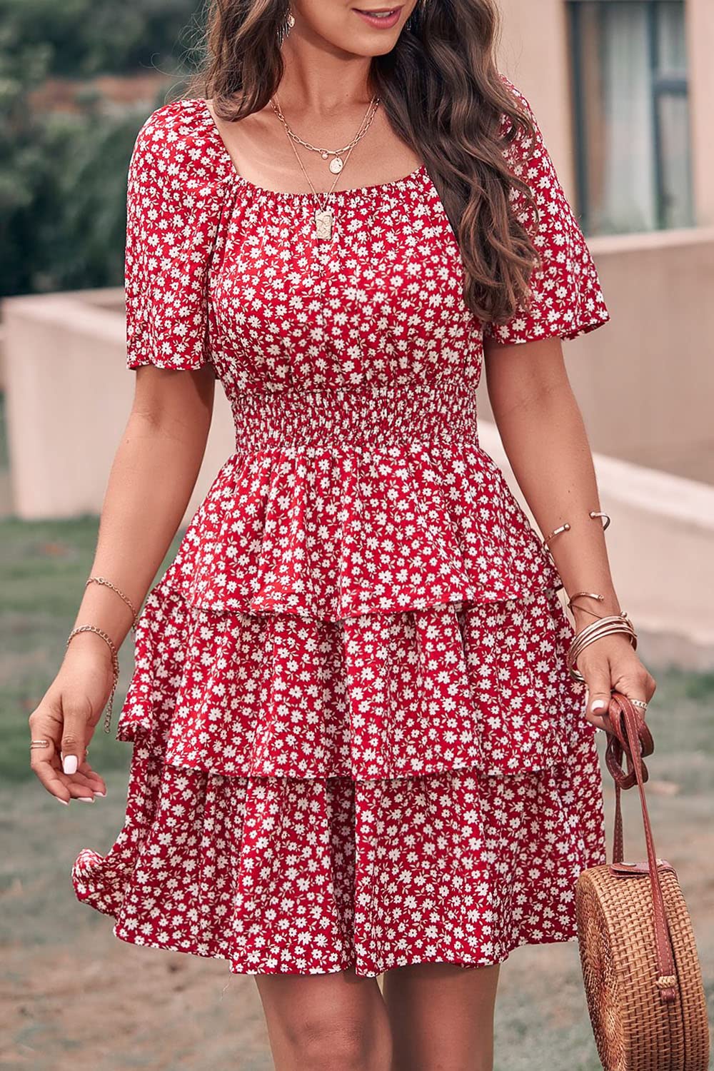 Women's Summer Floral Ruffle Short Dress Red,S