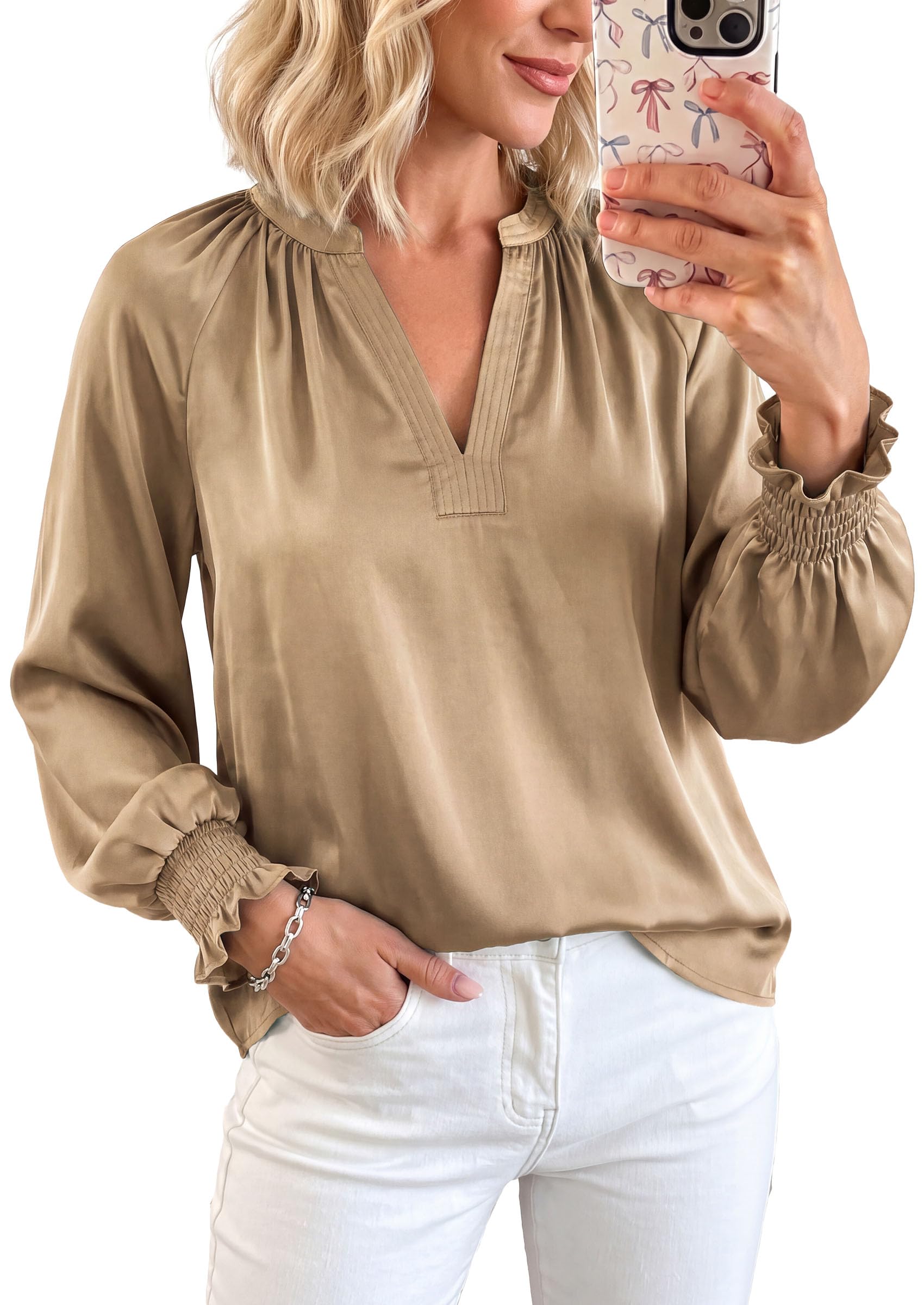 Women's Satin Blouses V Neck Long Sleeve Tops,Khaki,S