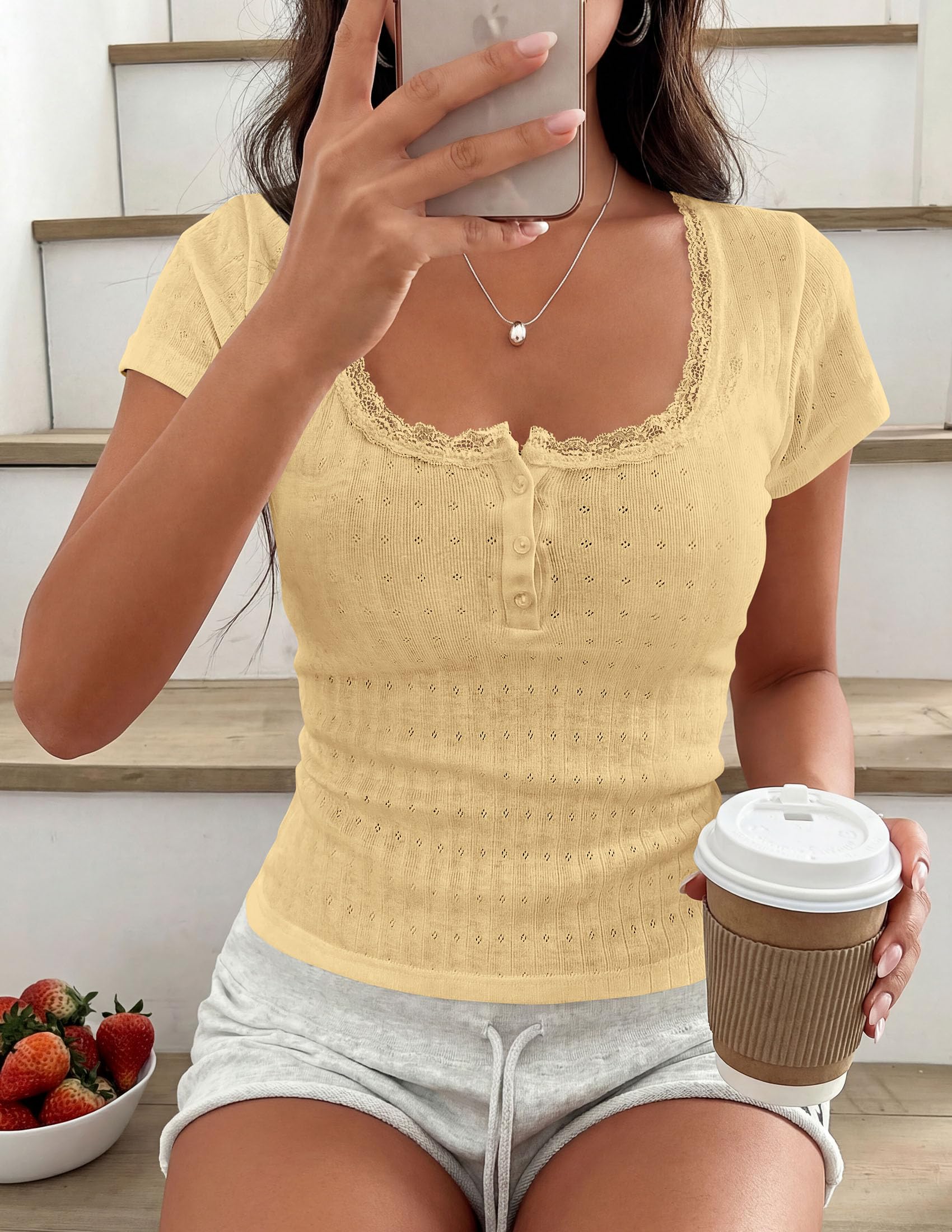 Womens Summer Lace Trim Short Sleeve Henley Top,Yellow,S