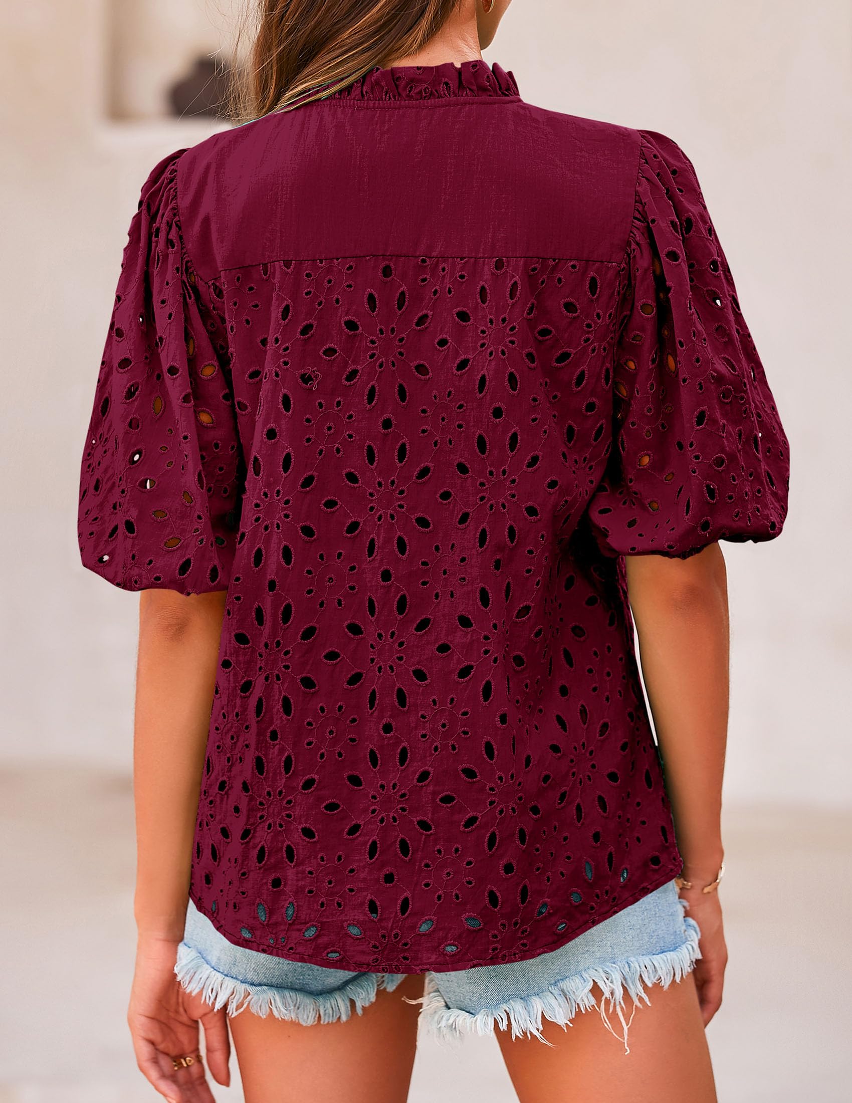 Womens Tops Boho Eyelet Puff Sleeve Blouse, Wine Red,S