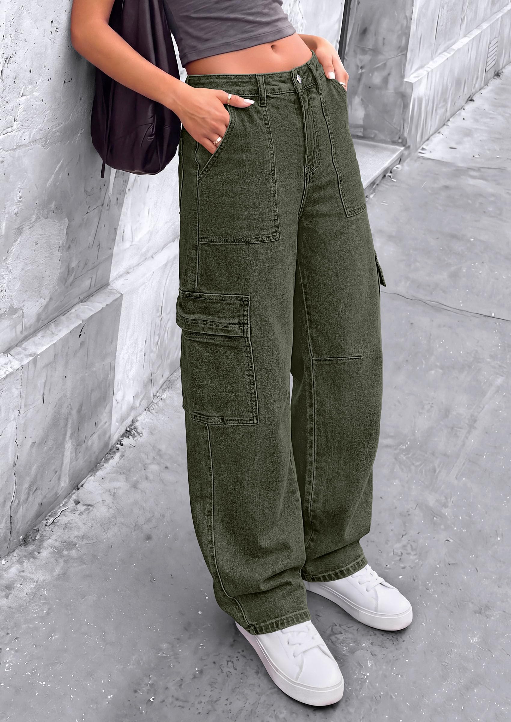 Barrel Pants Women Wide Leg Baggy Denim Jeans Army Green,4