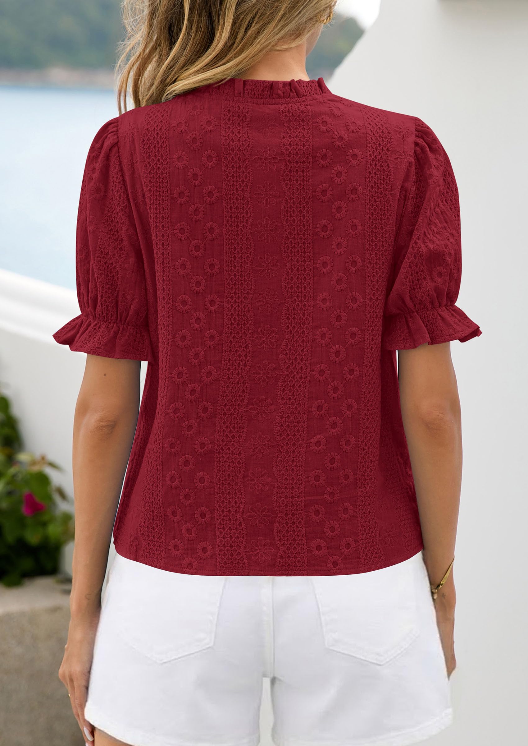 Womens Embroidered Puff Short Sleeve Tops,Wine Red,S