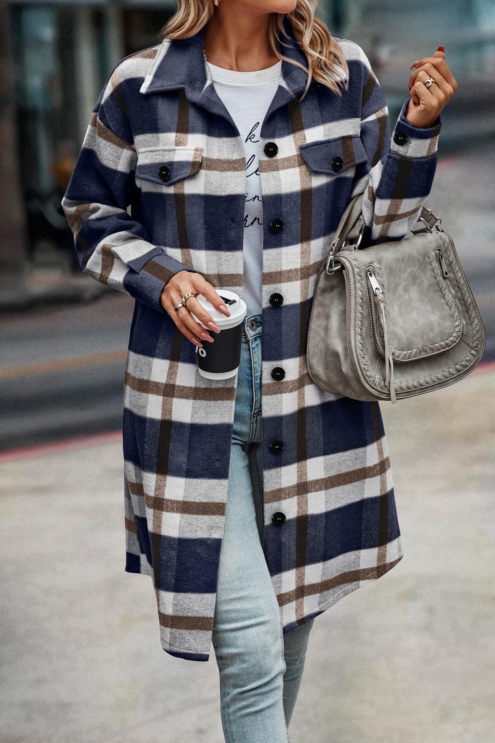 Womens Plaid Shacket Jacket Flannel Shirts,Plaid Navy,S