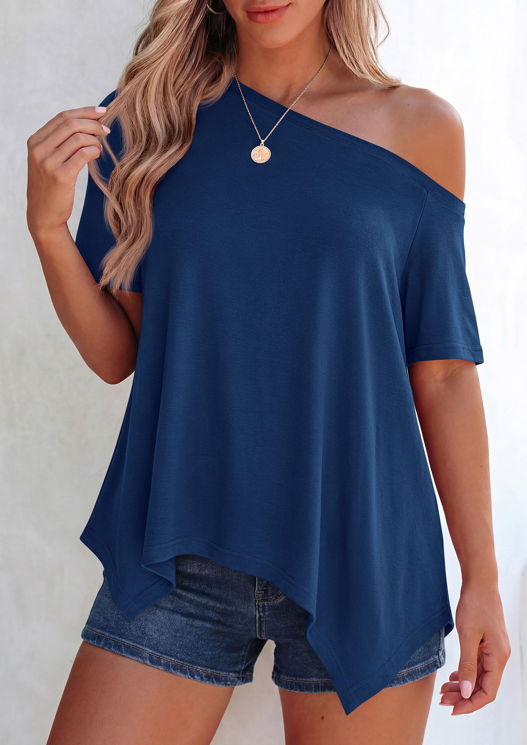 Off Shoulder Tops for Women Oversized Tshirts, Dusty Blue,S