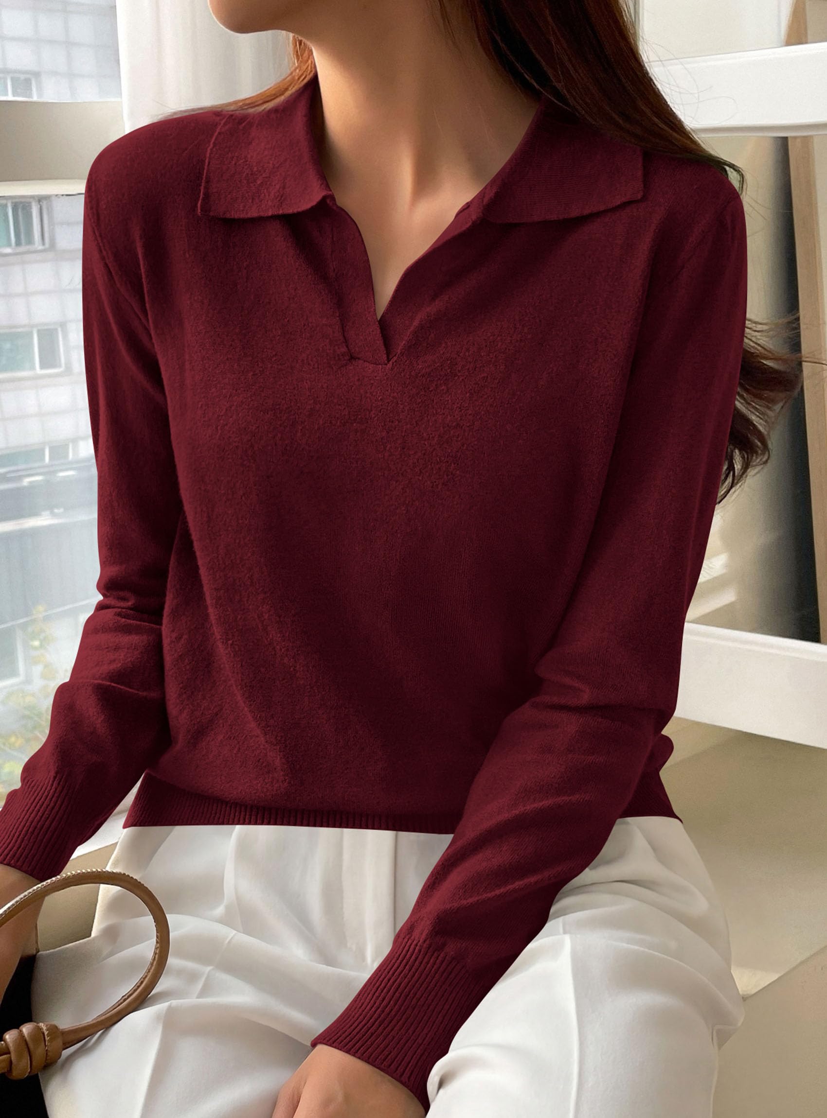 Womens Long Sleeve Collared Polo Sweater,Wine Red,S