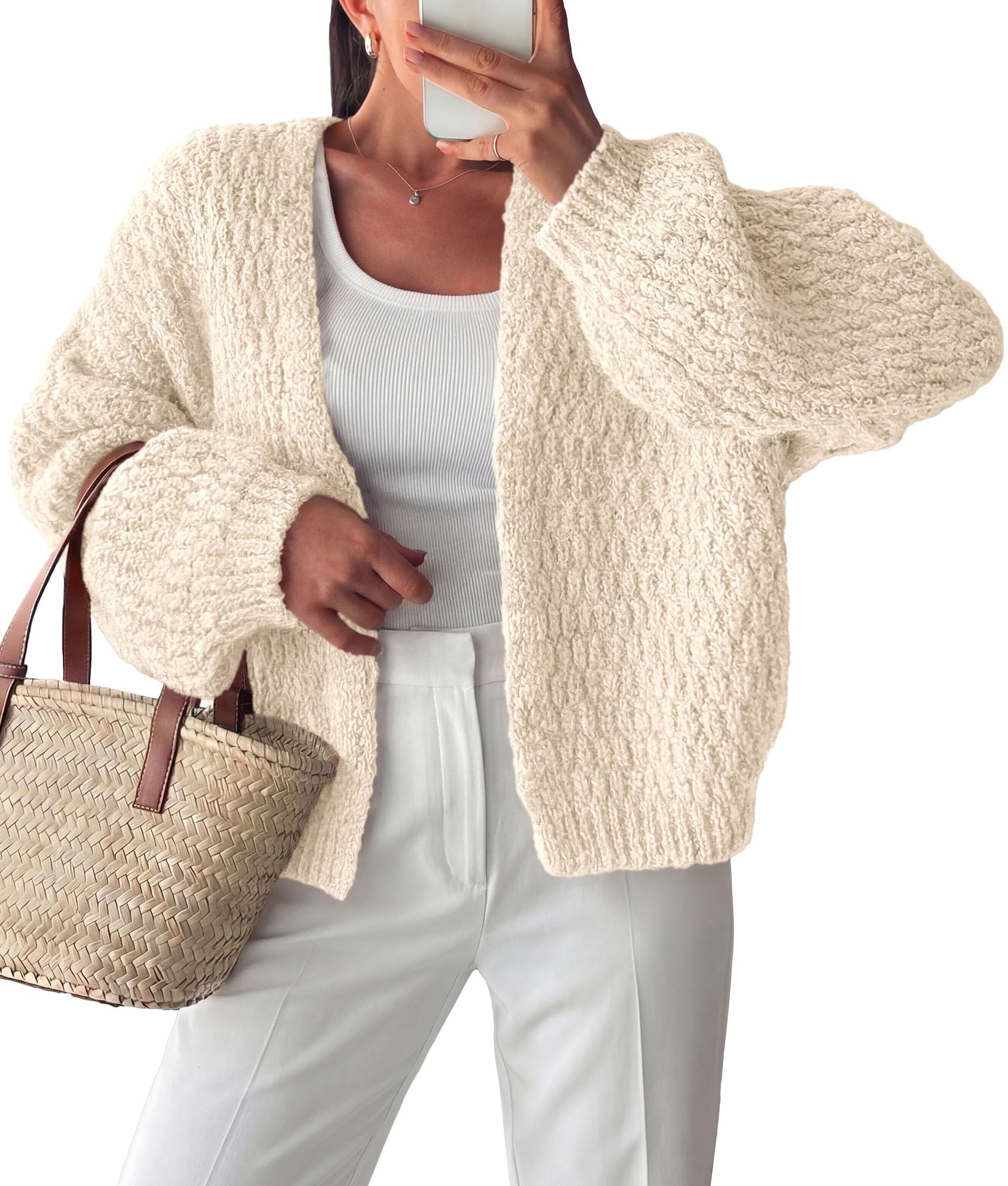 Women's Fall Cardigan Open Front Chunky Sweaters Beige S