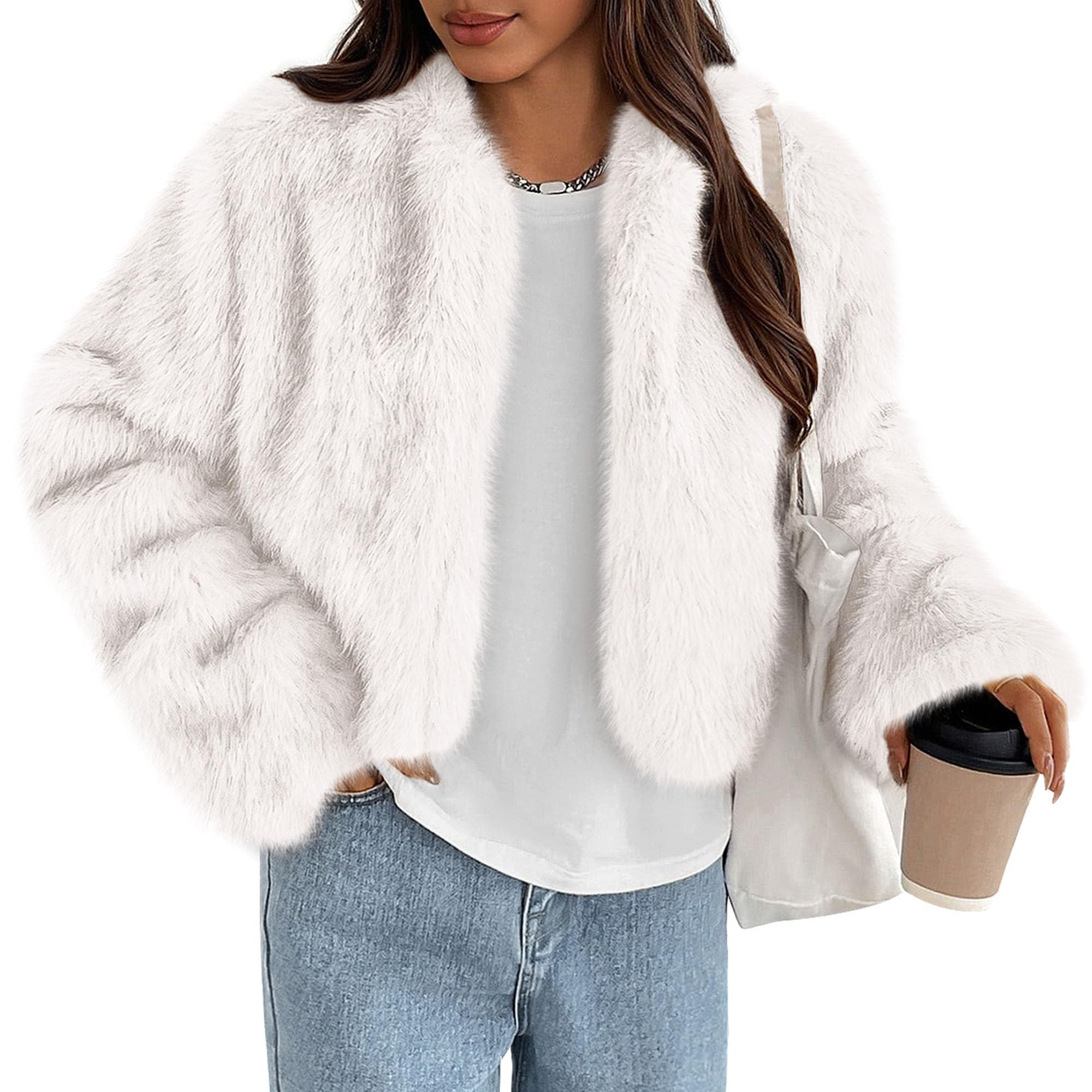 Womens Winter Coats Open Front Faux Fur Jacket,White,XXL