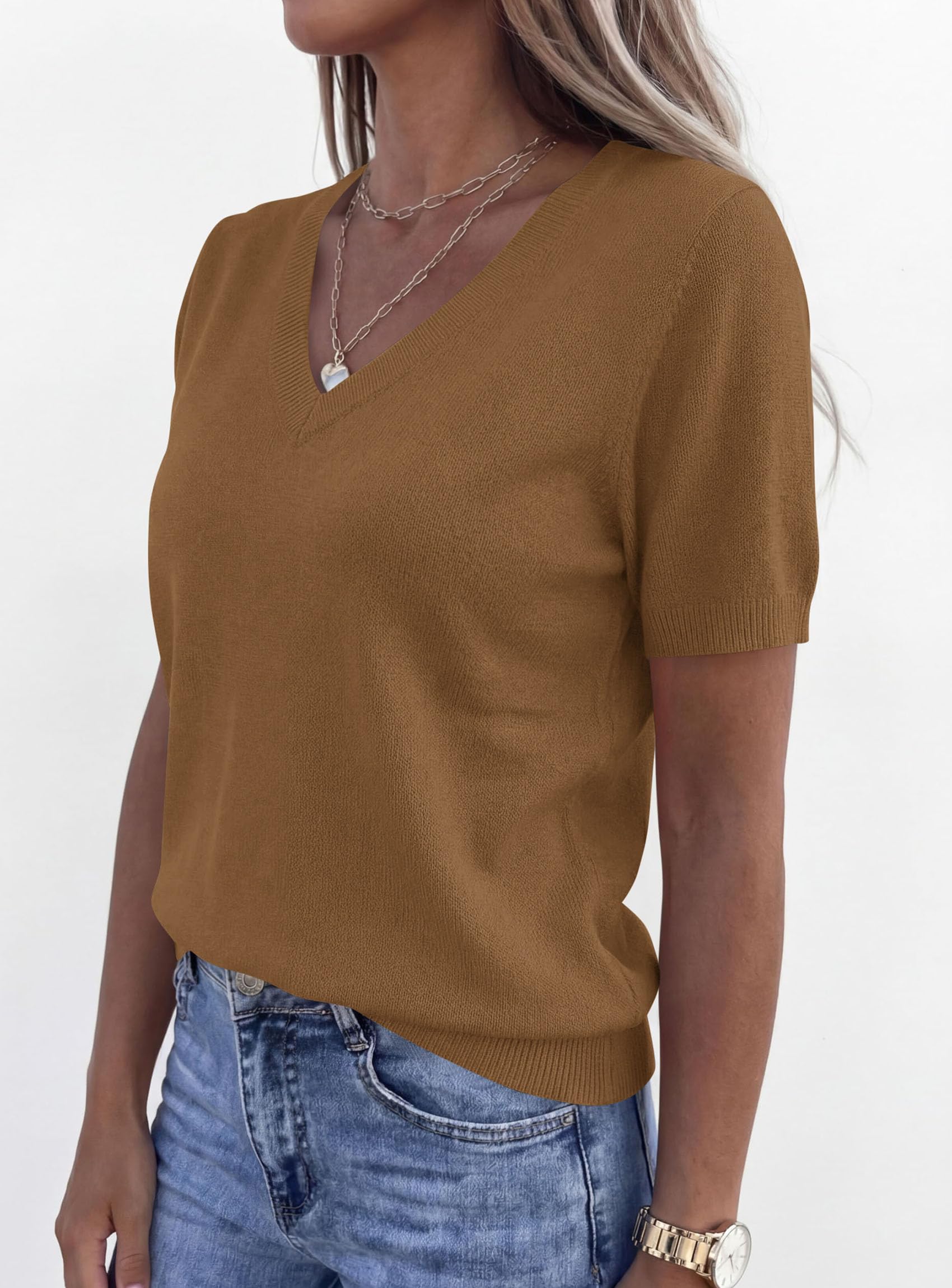 Womens Short Sleeve Sweater V Neck Tops,Khaki,S