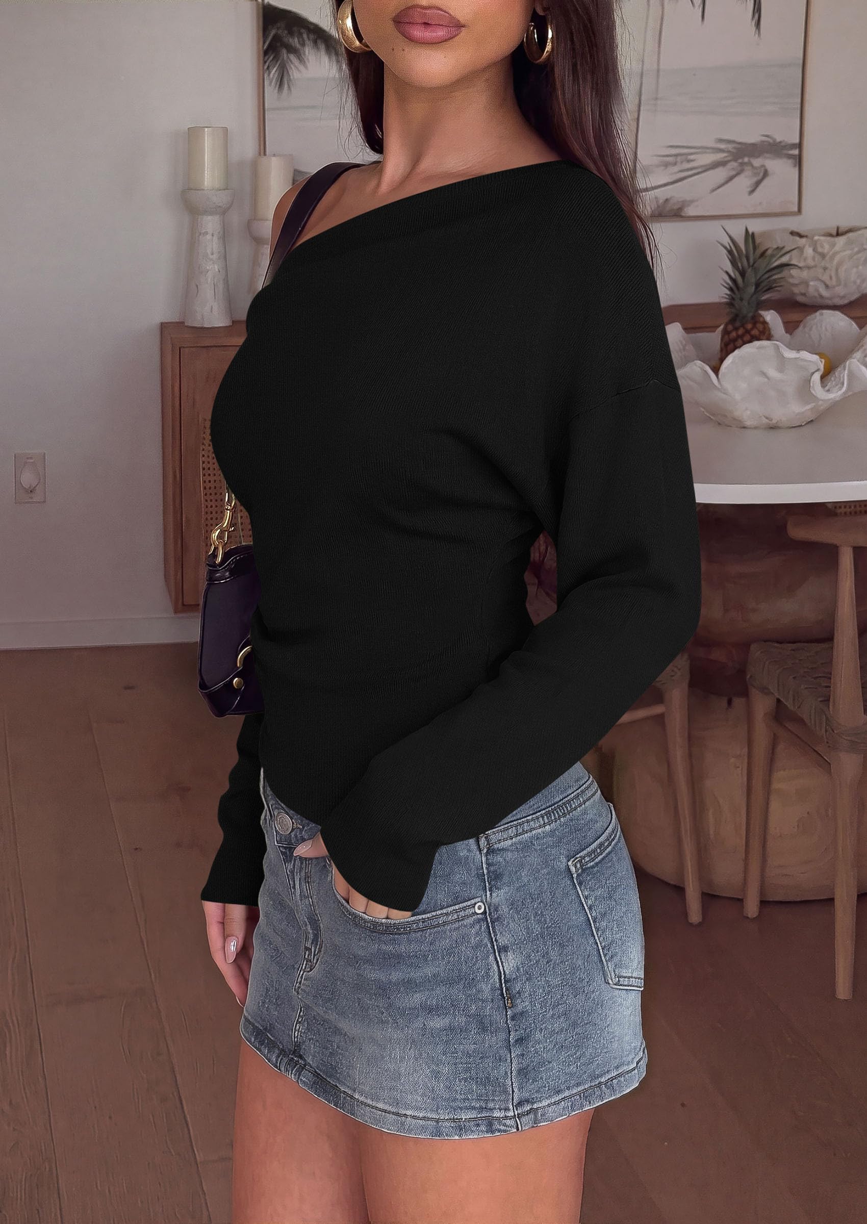Womens Fall Long Sleeve Off Shoulder Sweater,Black,S