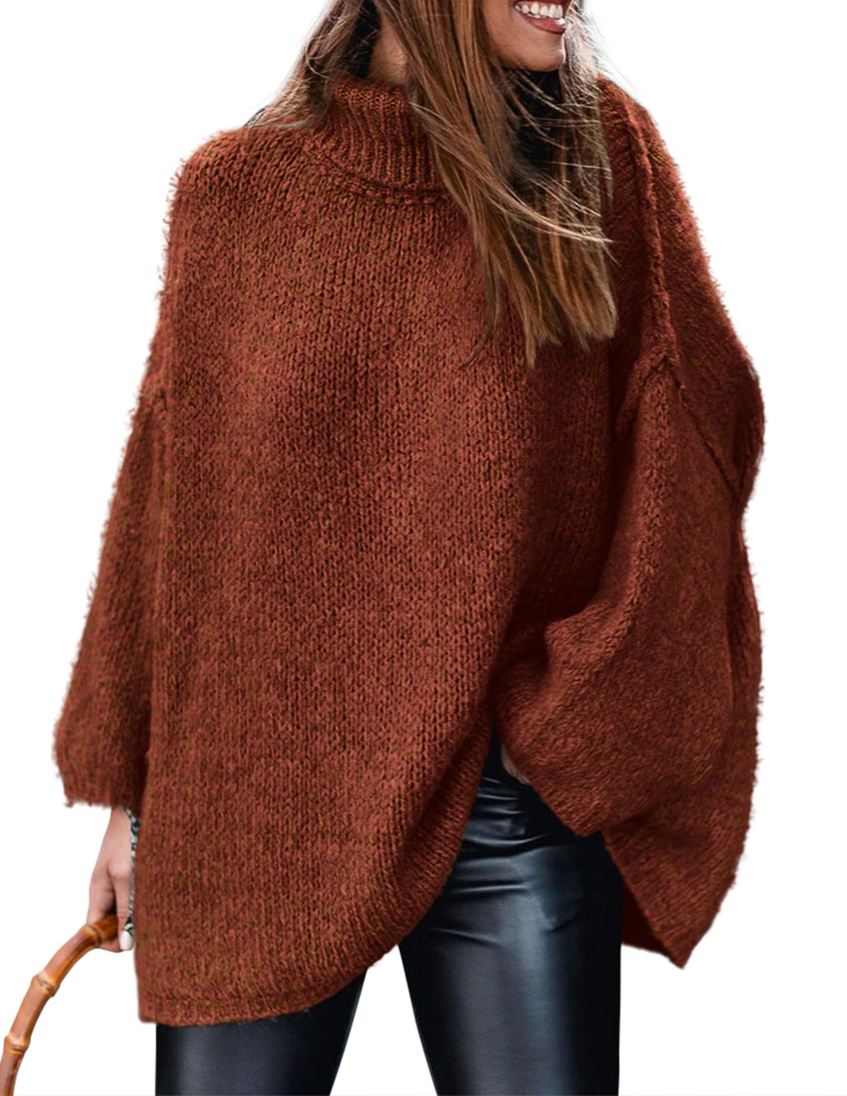 Womens Turtleneck Long Sleeve Oversized Sweaters,Brick Red,S