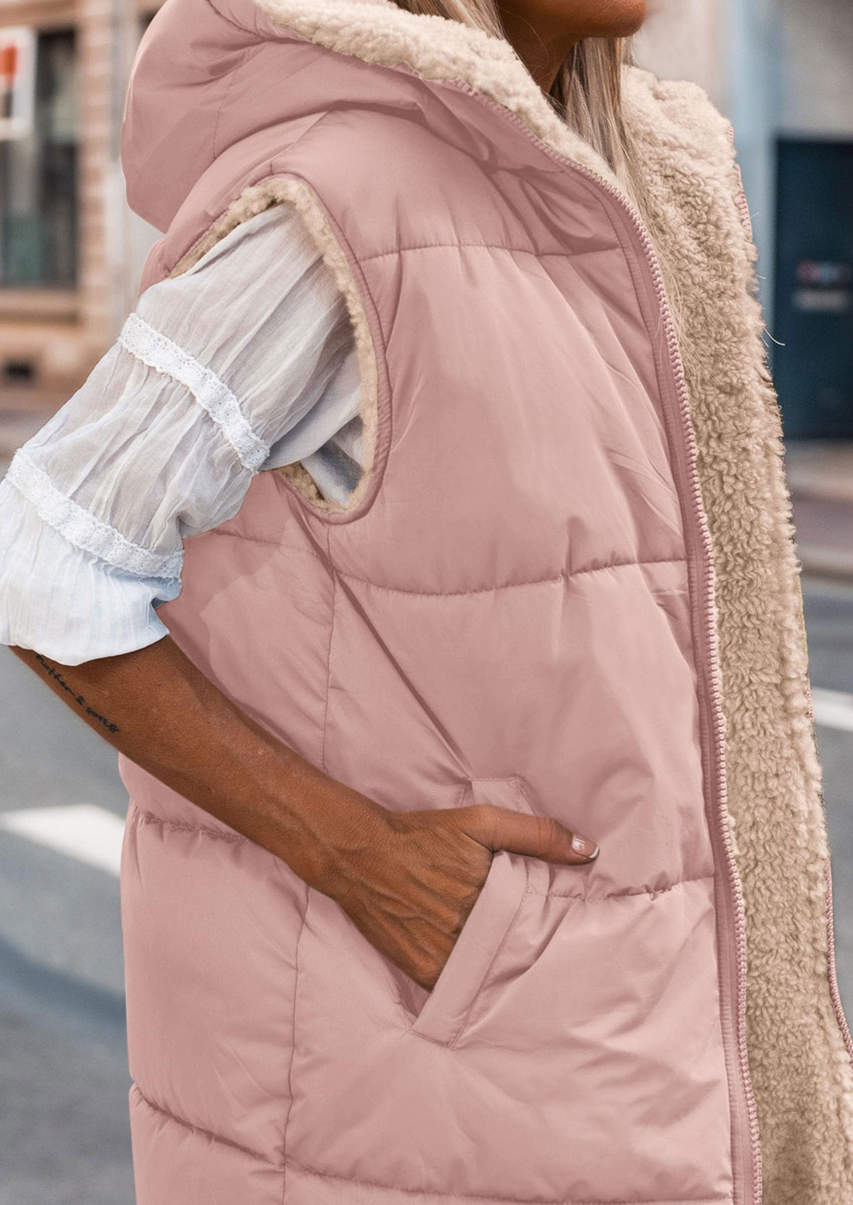 Women's Winter Reversible Fleece Long Vests(Light Pink,S)