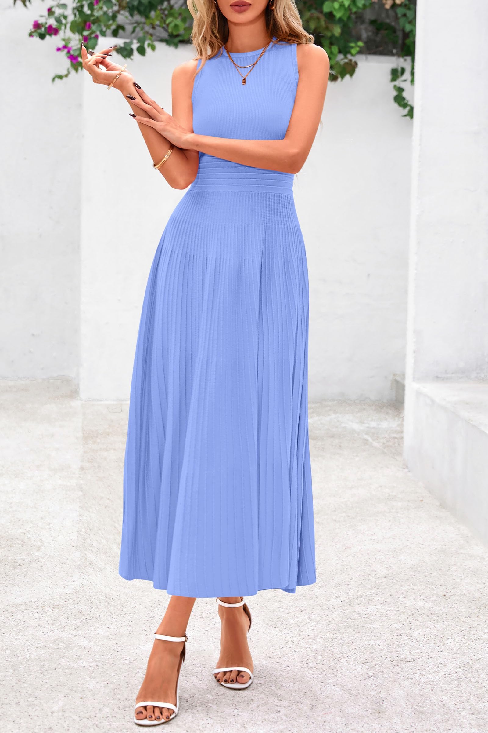 Women's Summer Pleated Midi Work Dress,Sky Blue,M
