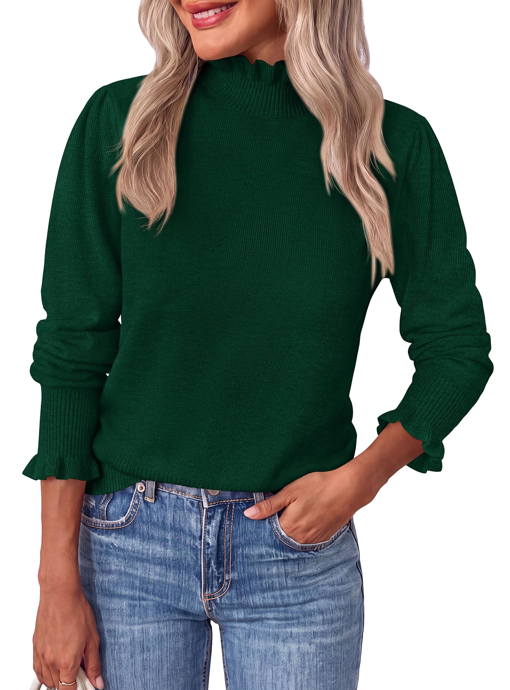 Women's Fall Cozy Sweaters Trendy Ruffle Mock Neck Pullover