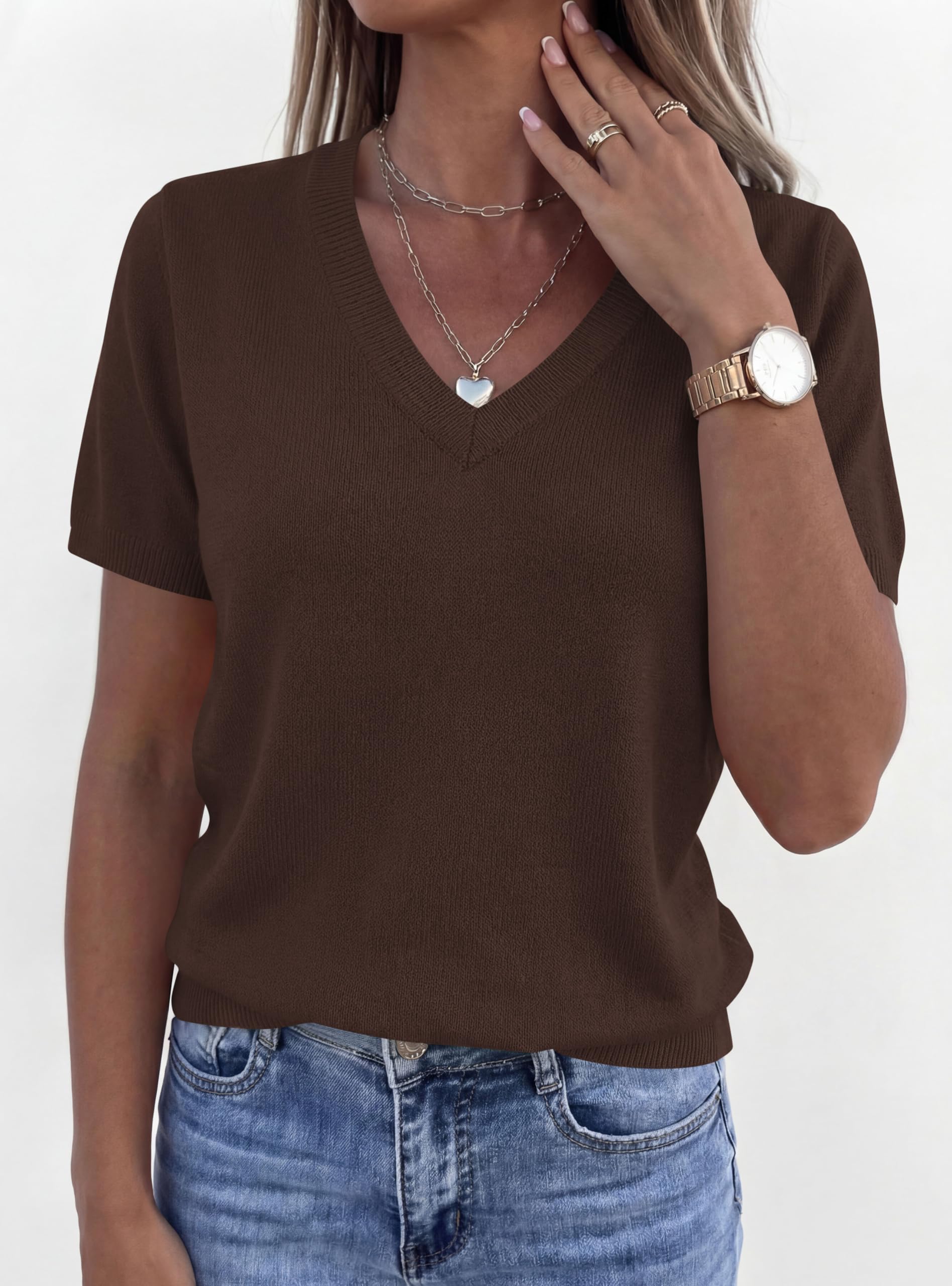Womens Short Sleeve Sweater V Neck Tops,Brown,S