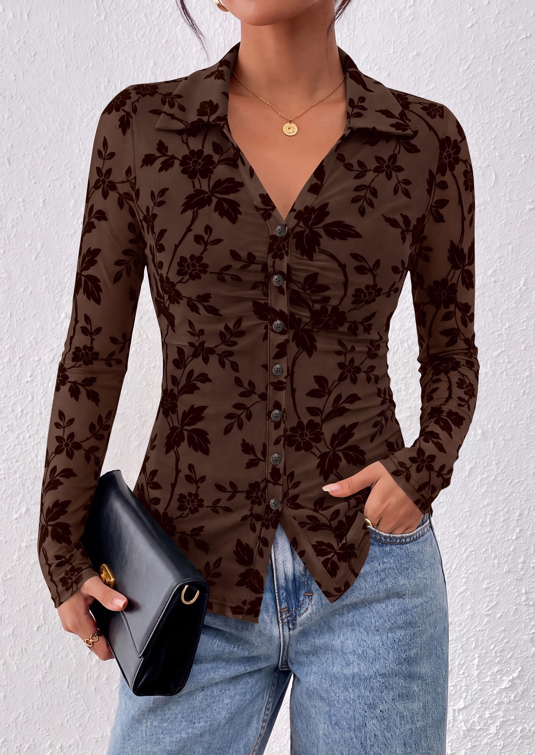 Women's Long Sleeve Floral Mesh Boho Tops Button Down Shirts