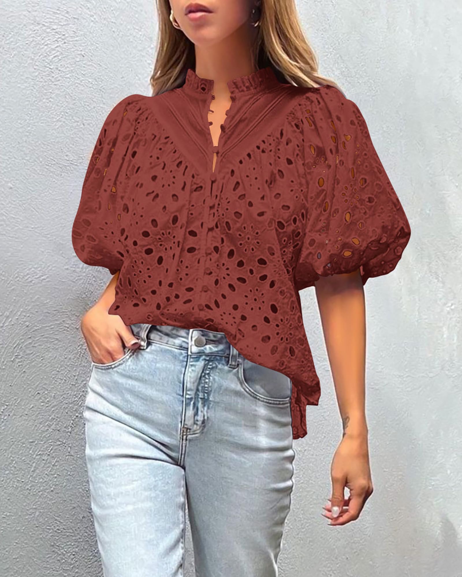 Womens Tops Boho Eyelet Puff Sleeve Blouse, Brown Red,S
