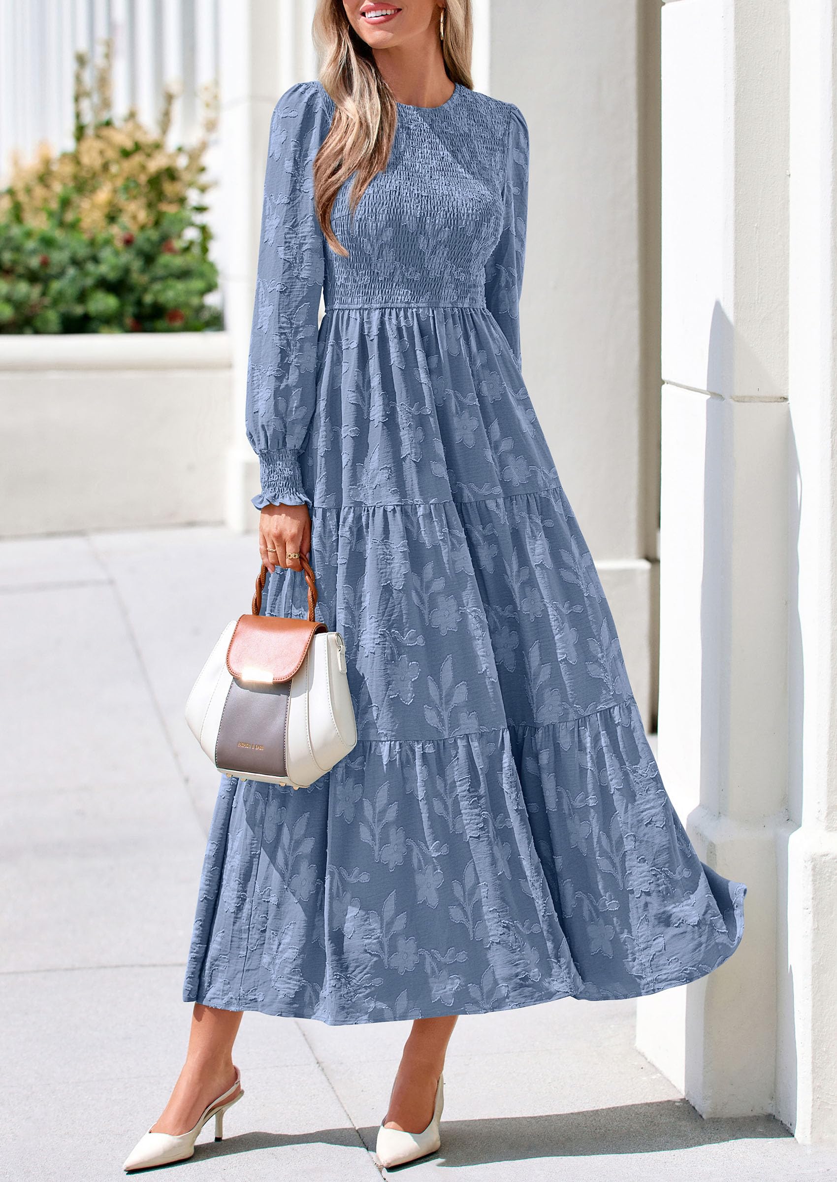 Fall Floral Long Sleeve Wedding Guest Dress for Women Pockets