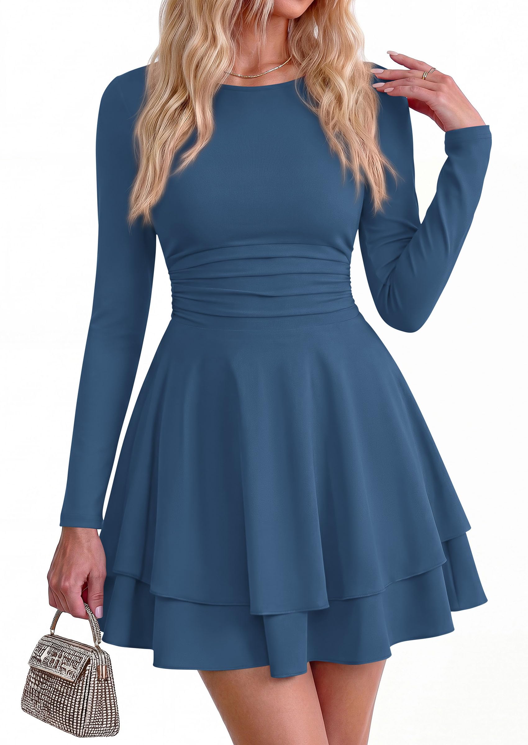 Womens Fit and Flare Crewneck Long Sleeve Mini Dress Grey Blue