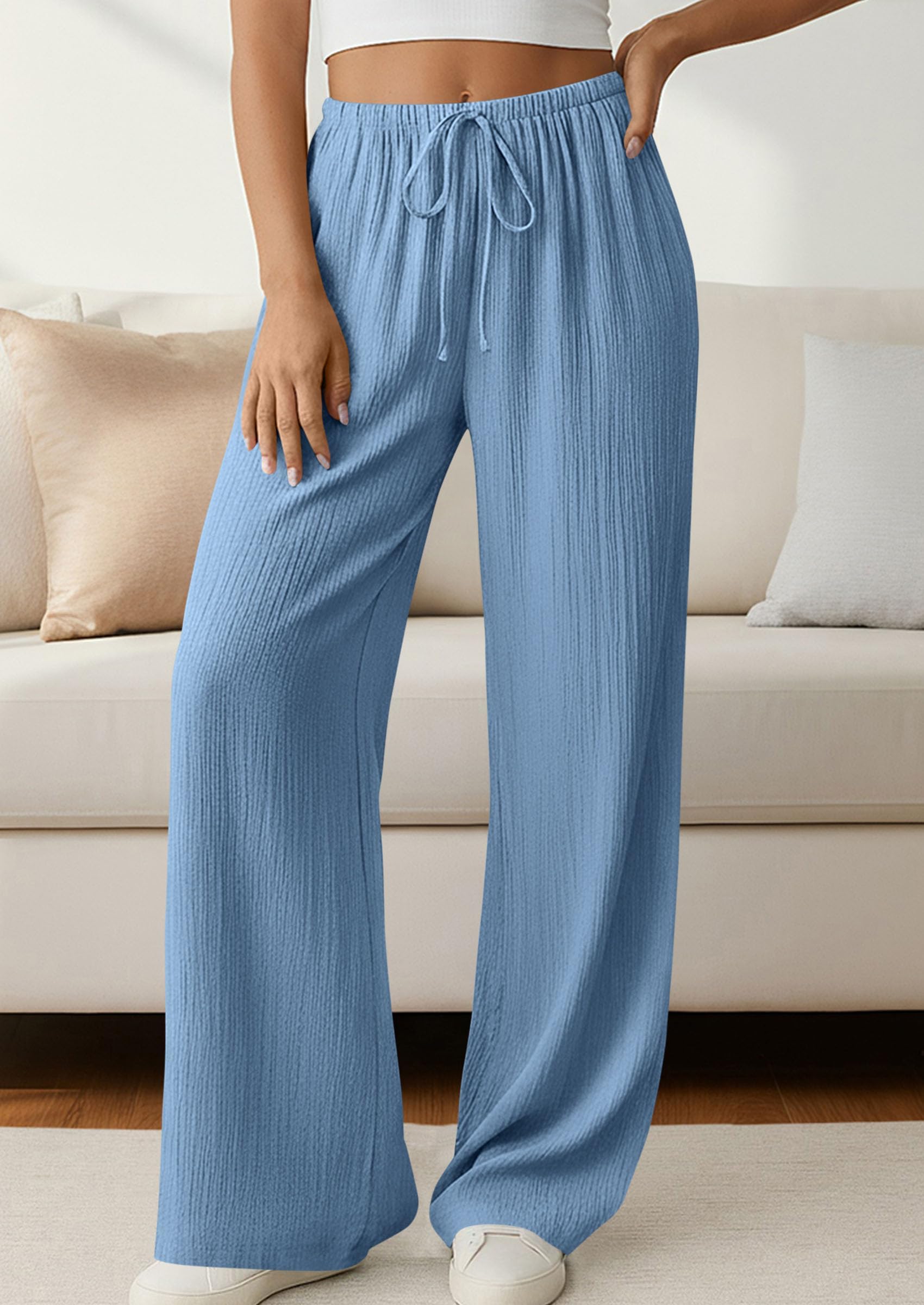 Women's Palazzo Pants Casual Wide Leg Trousers,Blue,S