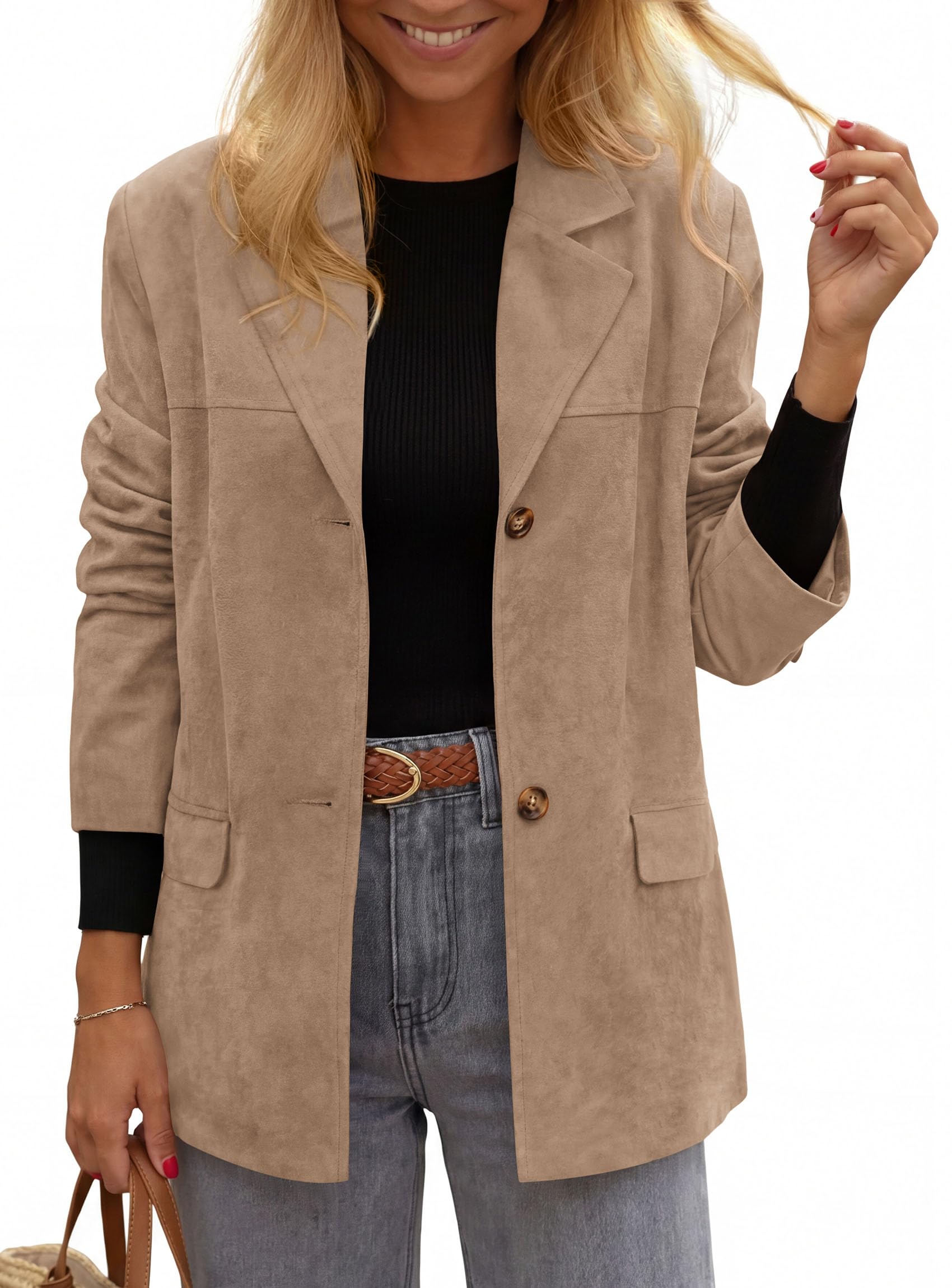 Blazers for Women Western Fall Faux Suede Jacket Khaki