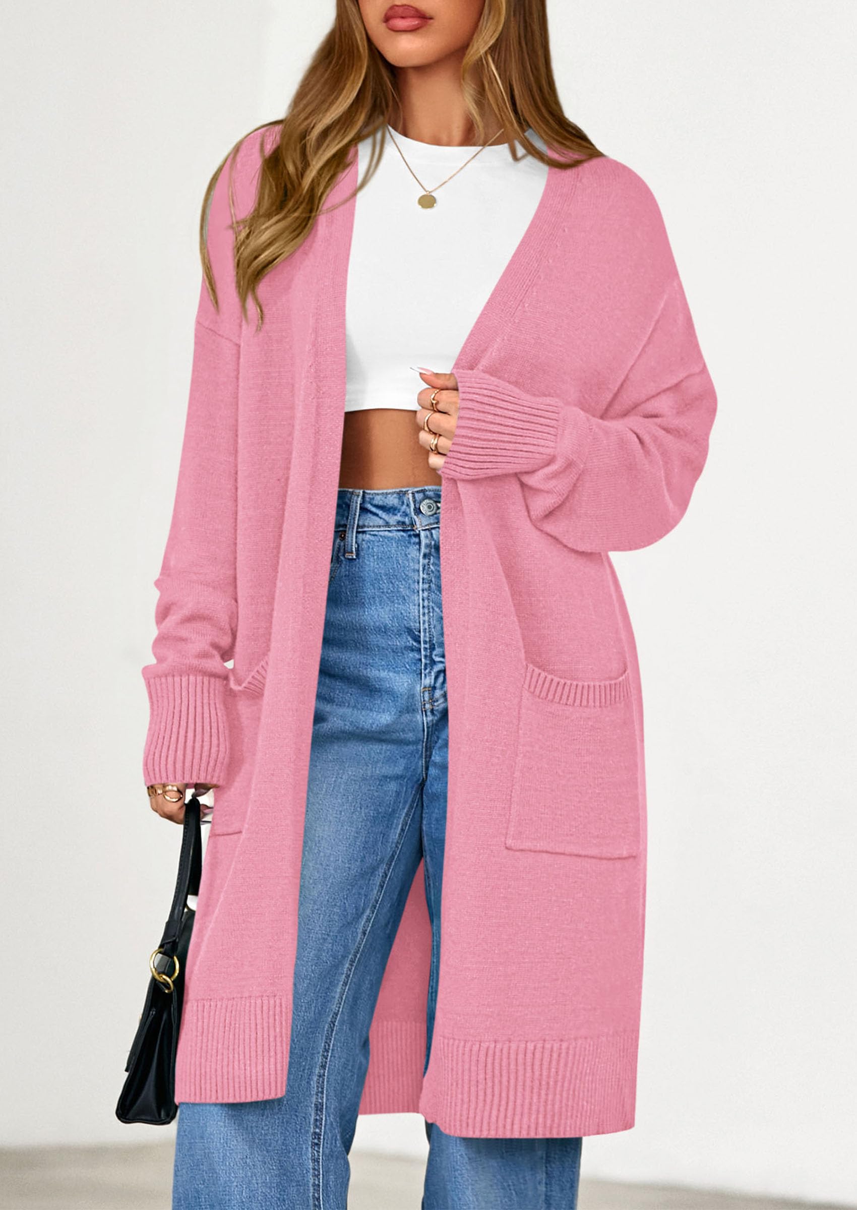 Women's Oversized Open Front Long Knit Cardigan,Pink,M