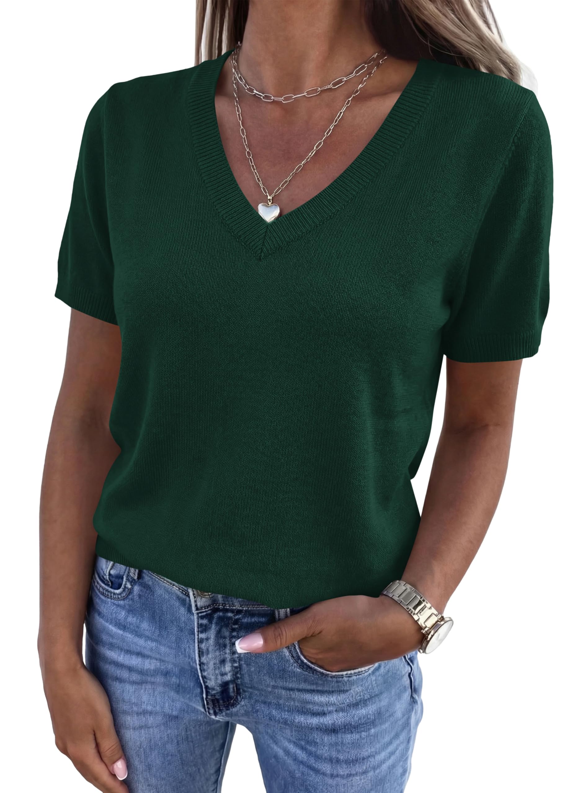 Womens Short Sleeve Sweater V Neck Tops,Dark Green,S