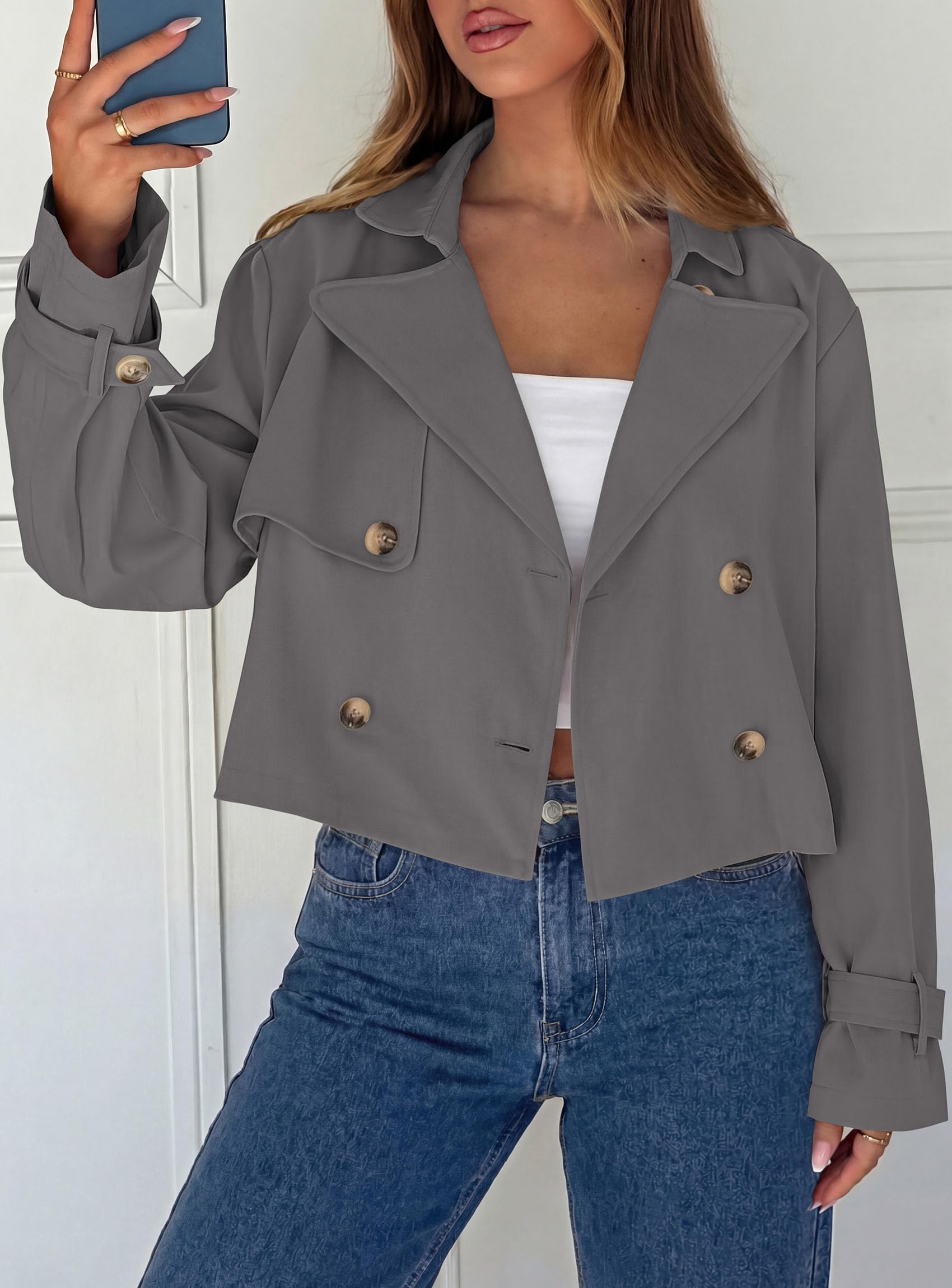 Cropped Trench Coat For Women Short Jacket,Grey,S
