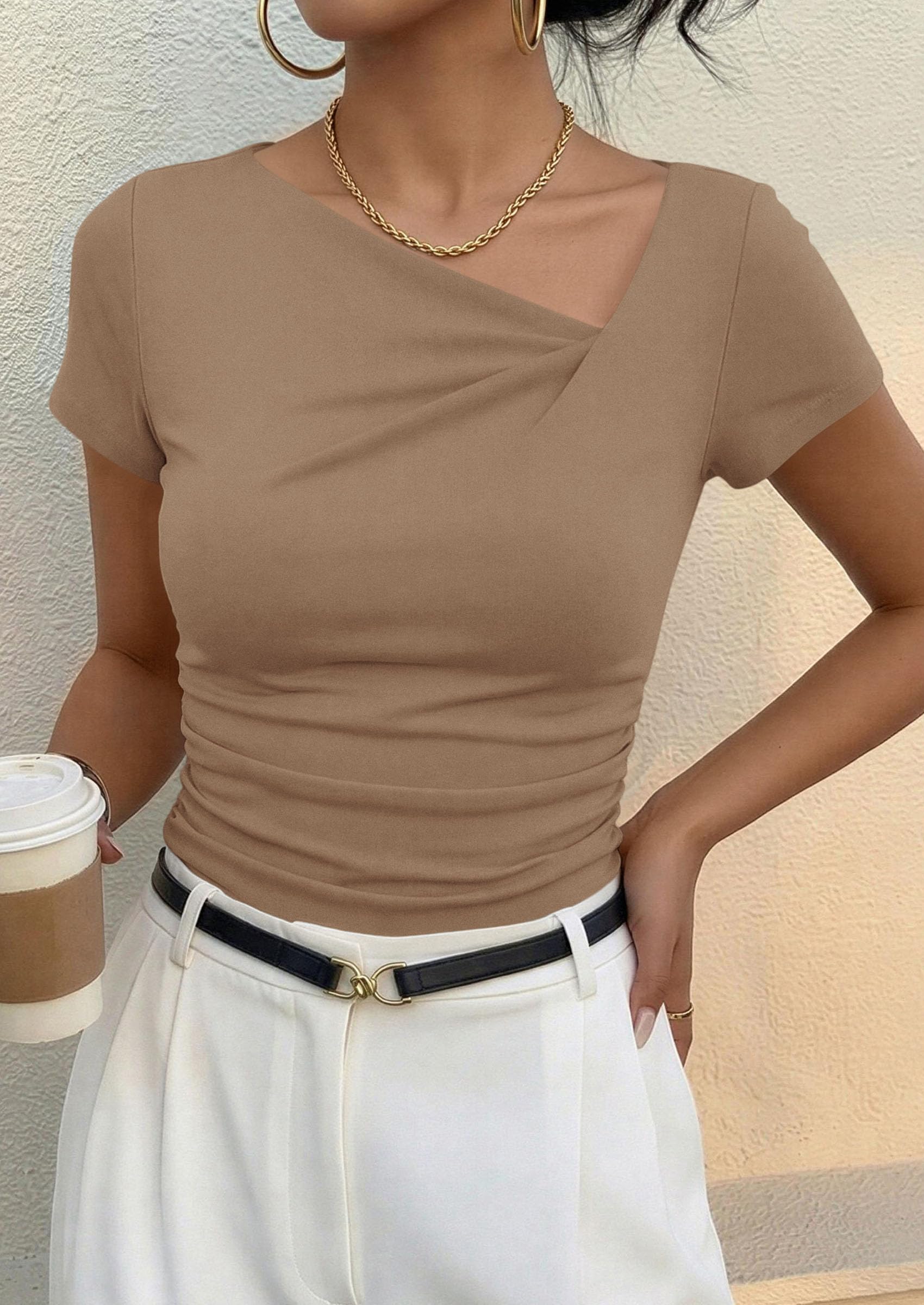 Women's Summer Trendy Asymmetrical Y2K Tops (Khaki,M)