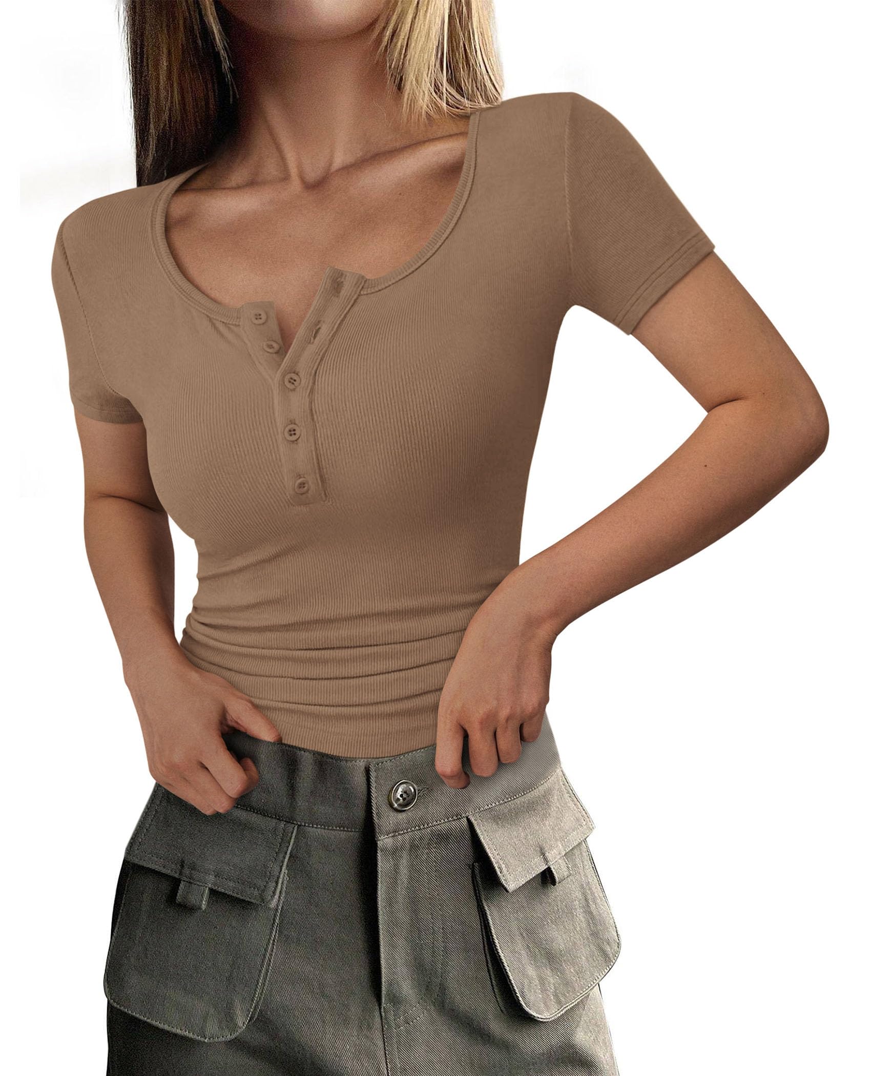 Women's Summer Tops Henley Tee Shirts (Light Brown,X-Small)