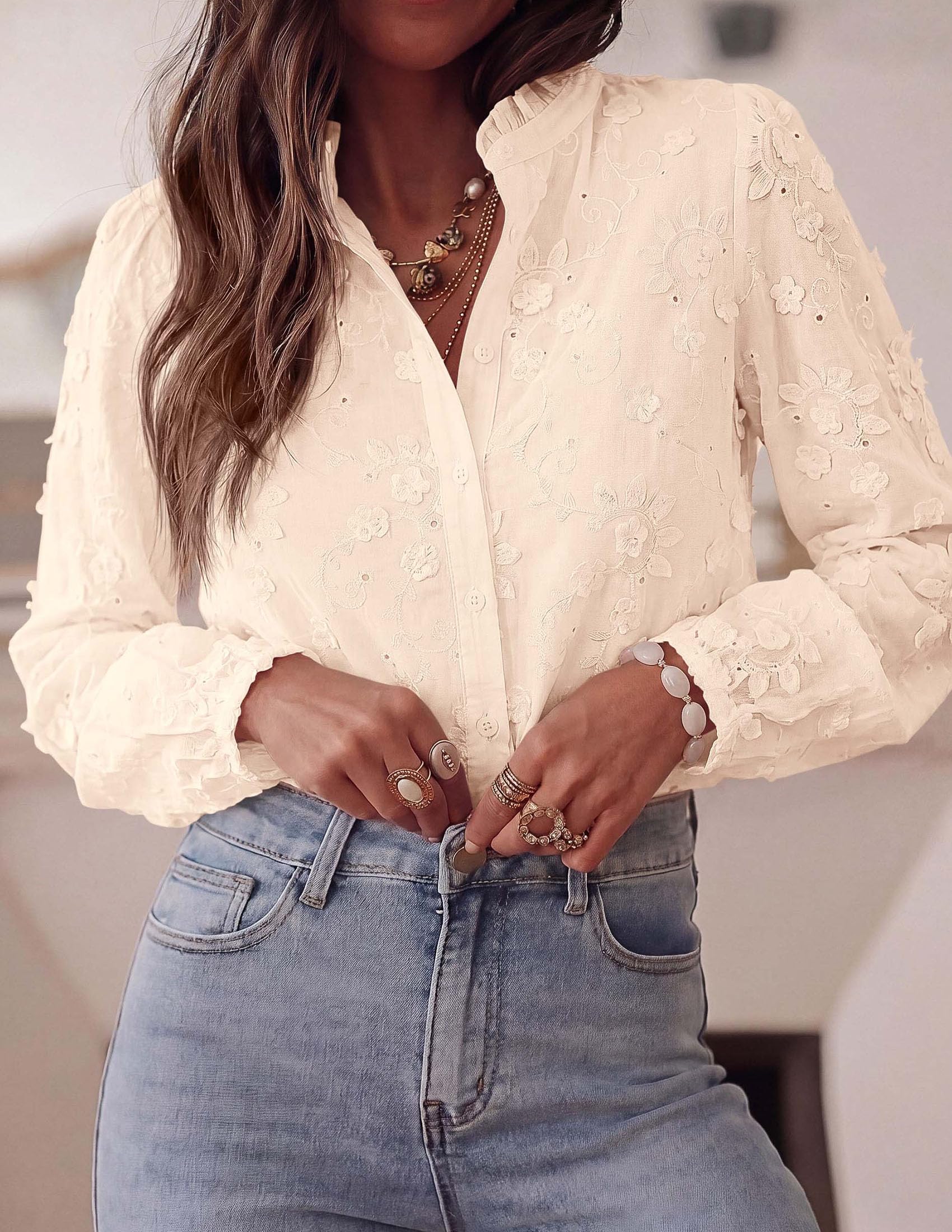 Women's Floral Embroidered Button Down Shirts Work Blouses