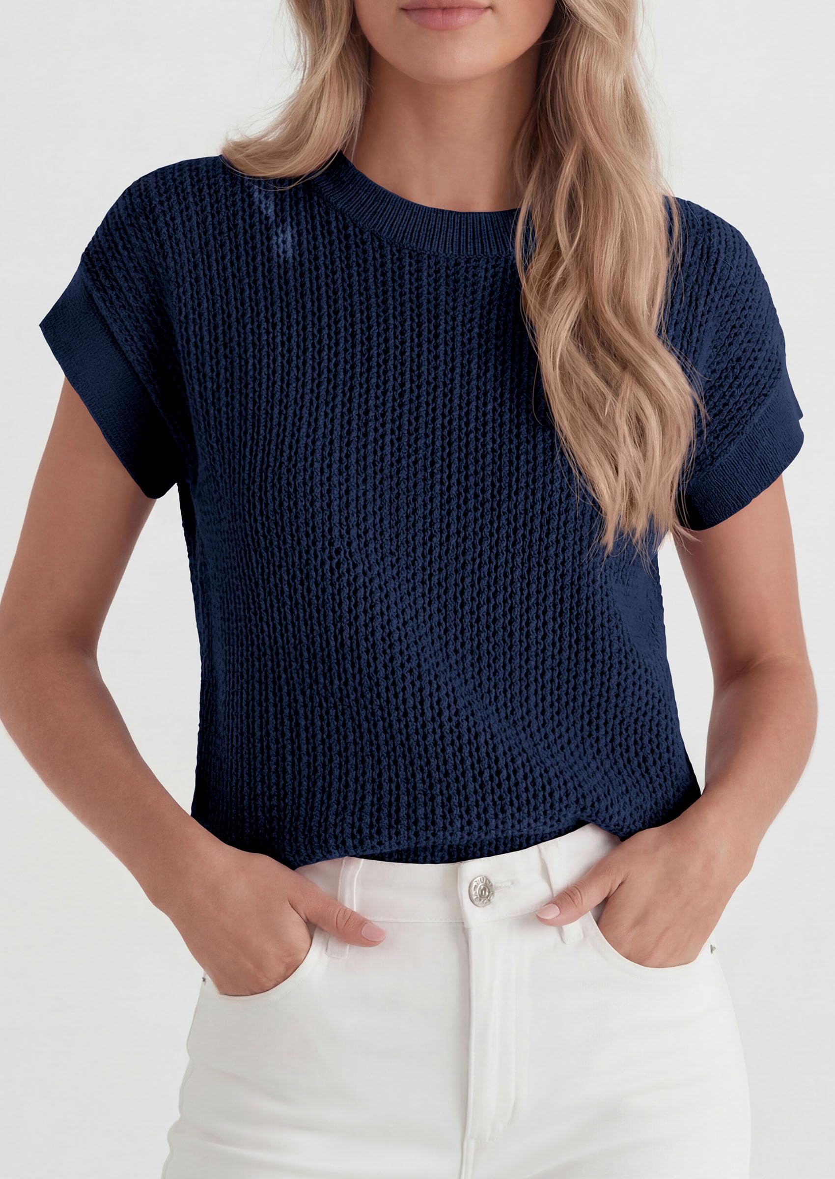 Women's Summer Sweater Vest Crochet Tops (Navy Blue,S)