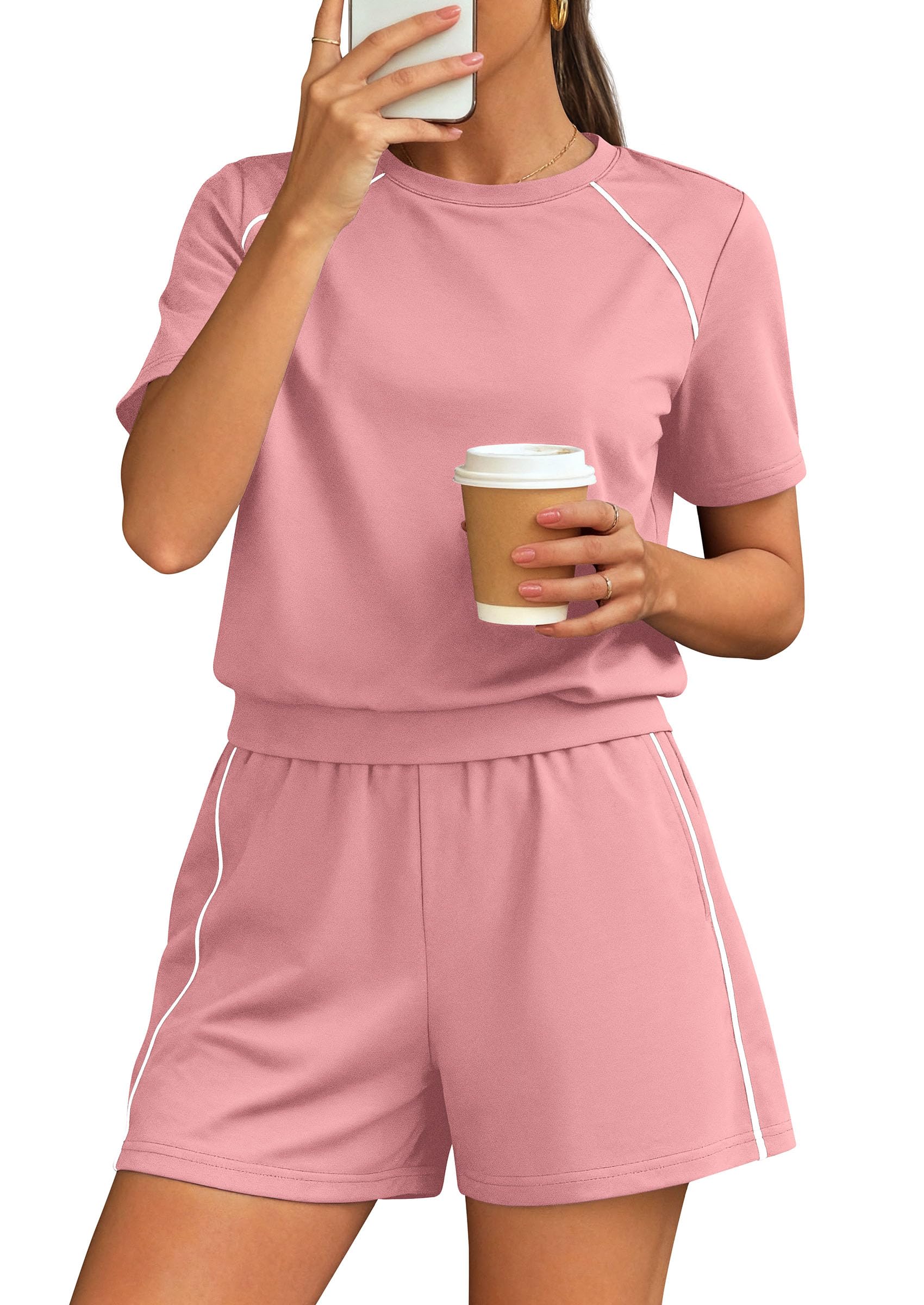 Womens 2 Piece Short Sets Casual Summer Outfits, Pink,S