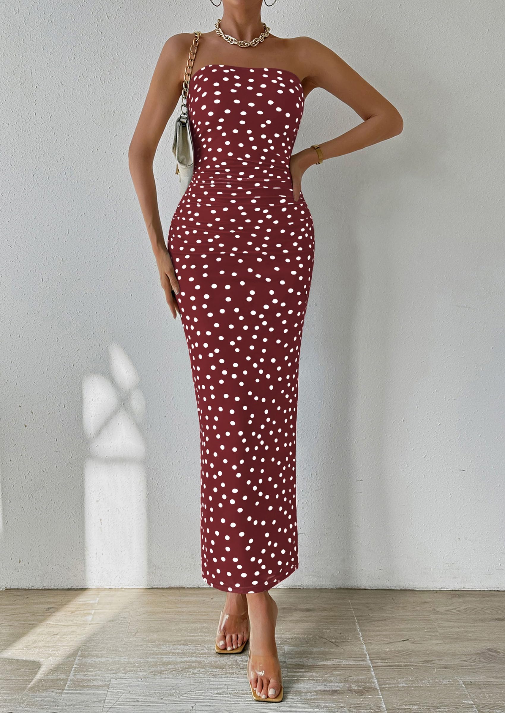 Womens Strapless Bodycon Maxi Dress, 01 Dot Burgundy White,S