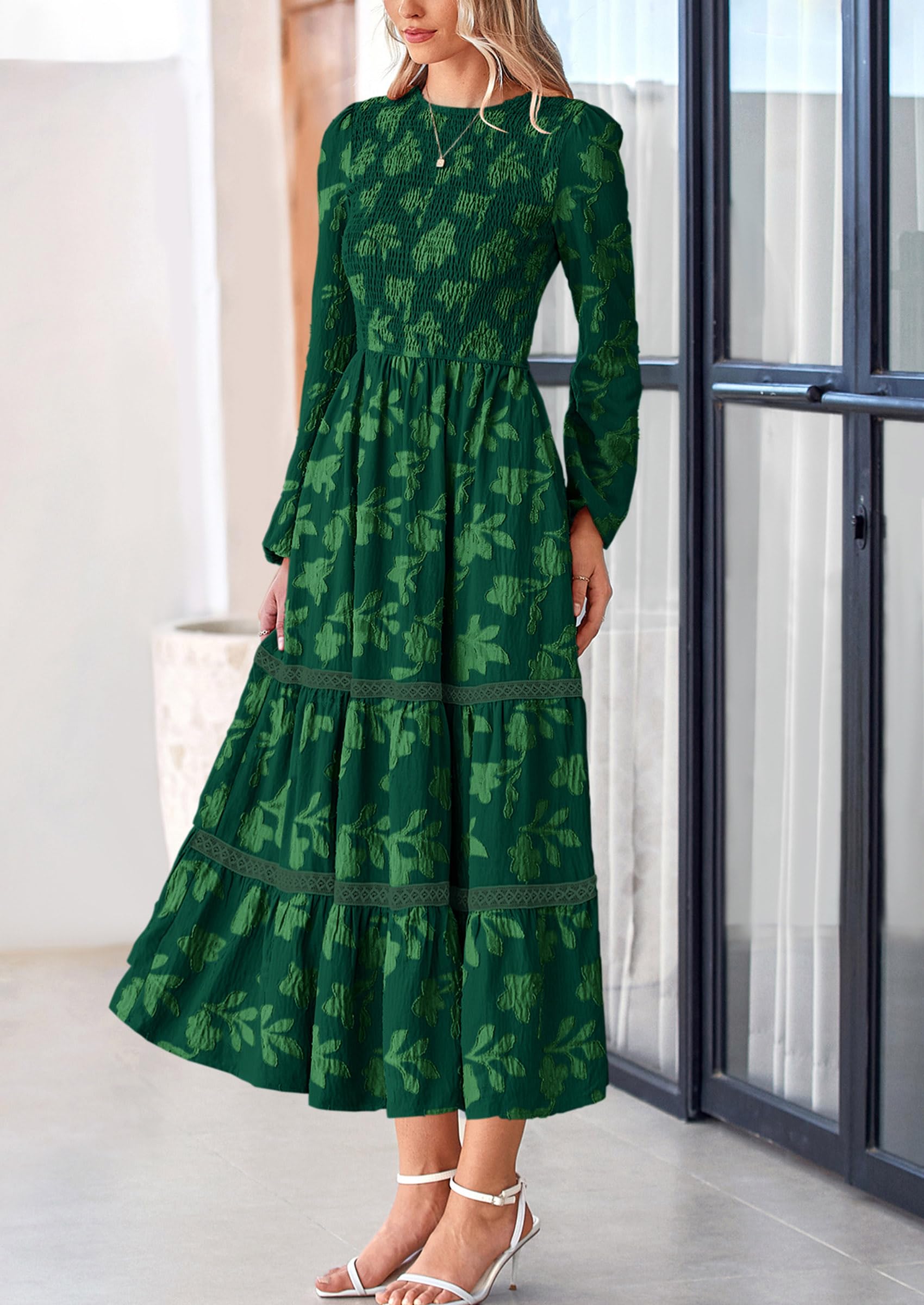 Women's Long Sleeve Boho Floral Midi Dress, Dark Green,S